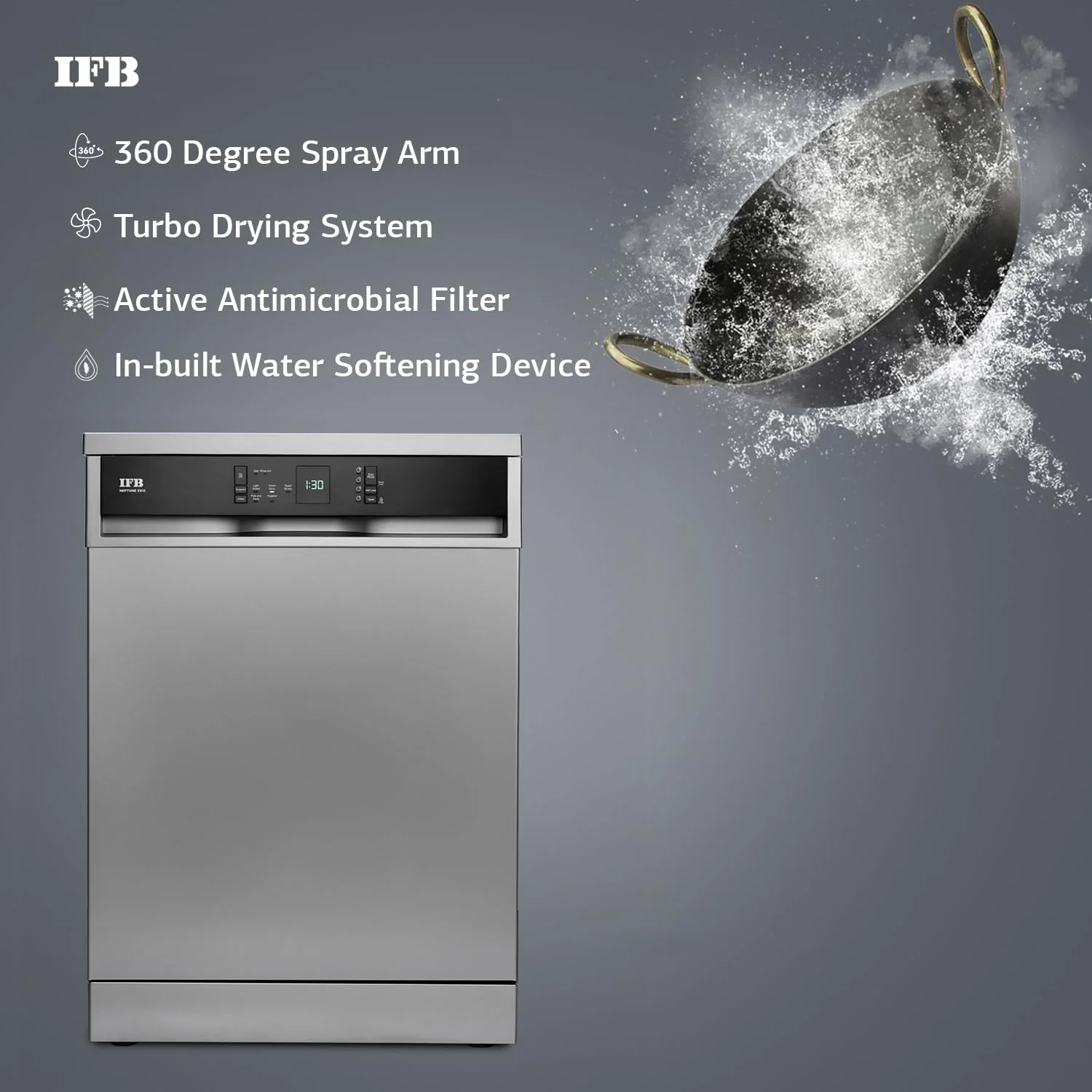 IFB 15 Place Settings with DeepClean® Technology Freestanding Dishwasher (Neptune VX15, Dark Silver, 70° Hot Water Wash with Hygienic Steam Drying, Perfect for Indian Utensils) - Image 5