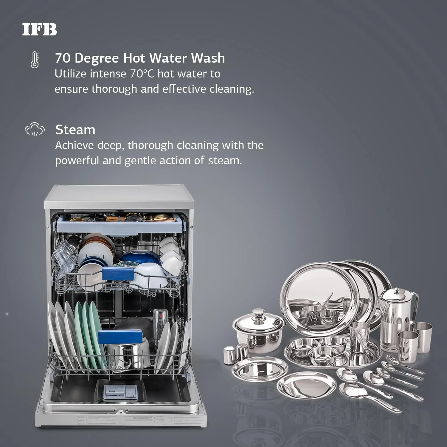 IFB 15 Place Settings with DeepClean® Technology Freestanding Dishwasher (Neptune VX15, Dark Silver, 70° Hot Water Wash with Hygienic Steam Drying, Perfect for Indian Utensils) - Image 6