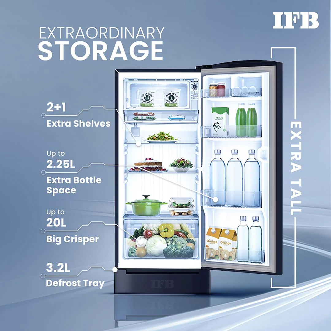 IFB 187L 3 Star Direct-Cool Single Door Refrigerator (IFBDC-2133NBHED, Floral Falls Blue) Extraordinary Space with Base Drawer and Humidity Controller - Image 12