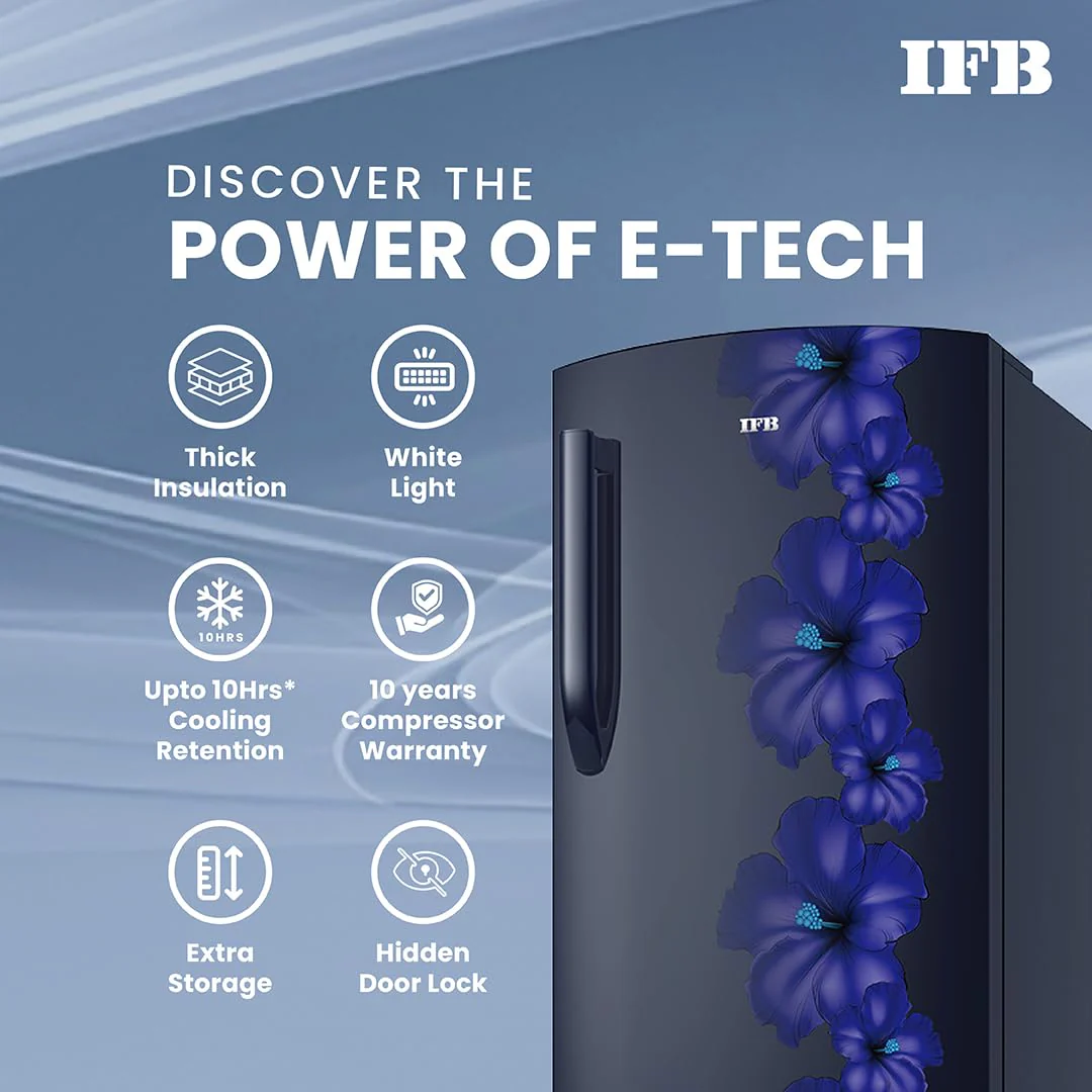 IFB 187L 3 Star Direct-Cool Single Door Refrigerator (IFBDC-2133NBHED, Floral Falls Blue) Extraordinary Space with Base Drawer and Humidity Controller - Image 13