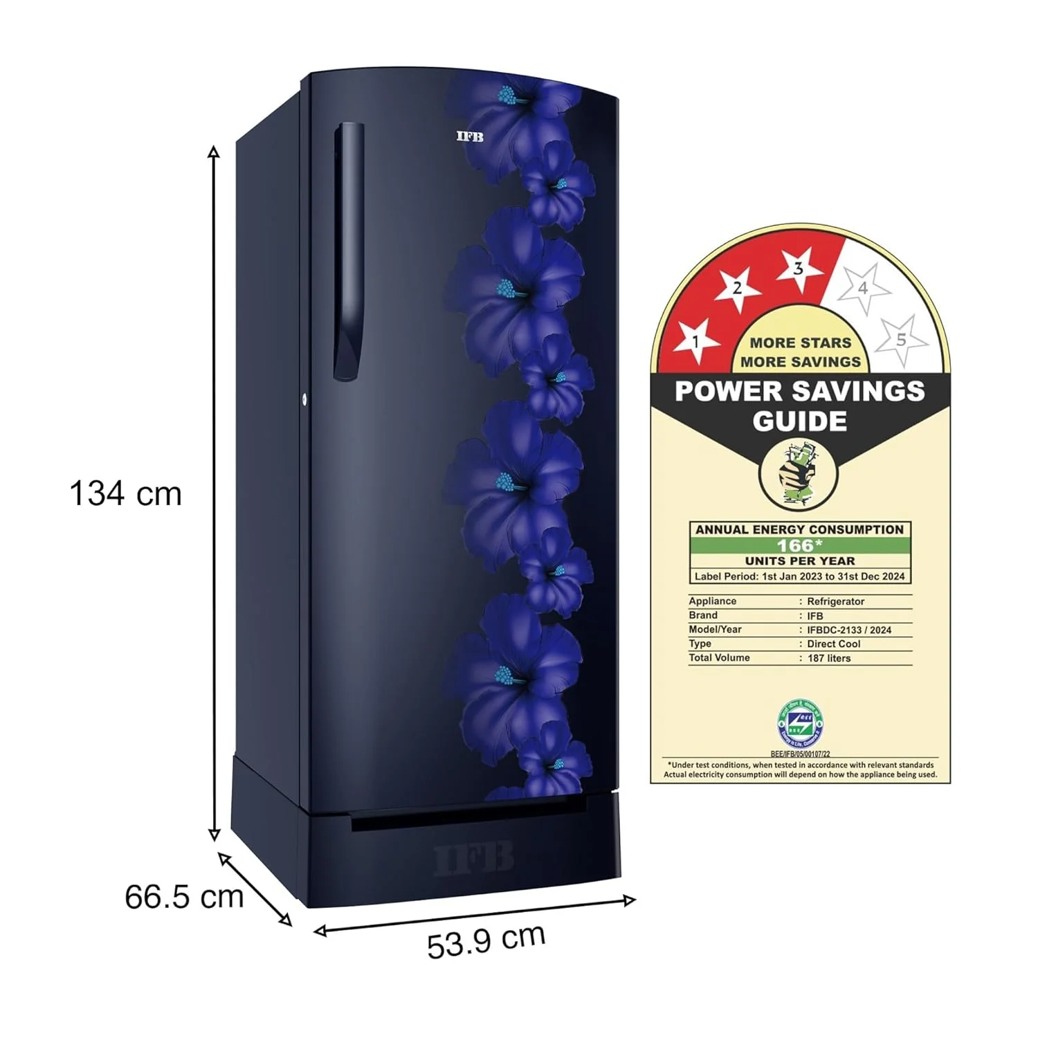 IFB 187L 3 Star Direct-Cool Single Door Refrigerator (IFBDC-2133NBHED, Floral Falls Blue) Extraordinary Space with Base Drawer and Humidity Controller - Image 2