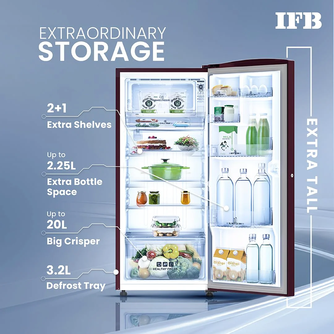 IFB 206L 4 Star Direct-Cool Single Door Refrigerator with Advanced Inverter Compressor (IFBDC-2324DRBE Midnight Bloom Red) Extraordinary Space with Humidity Controller - Image 7