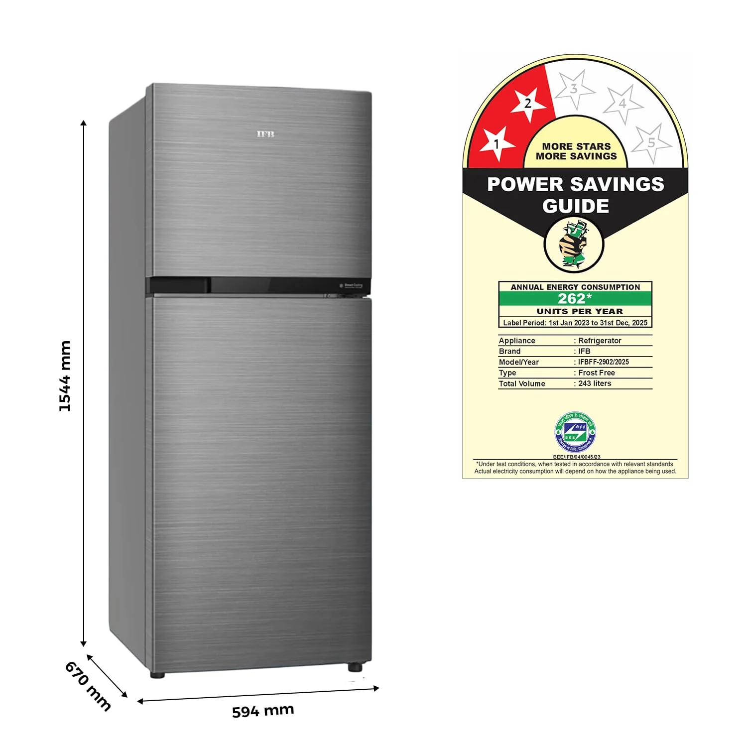 IFB 243L 2 Star Frost Free Double Door Refrigerator (IFBFF-2902NBSE, Brush Grey) 7 in 1 Multi Mode with 360 Degree Cooling - Image 2