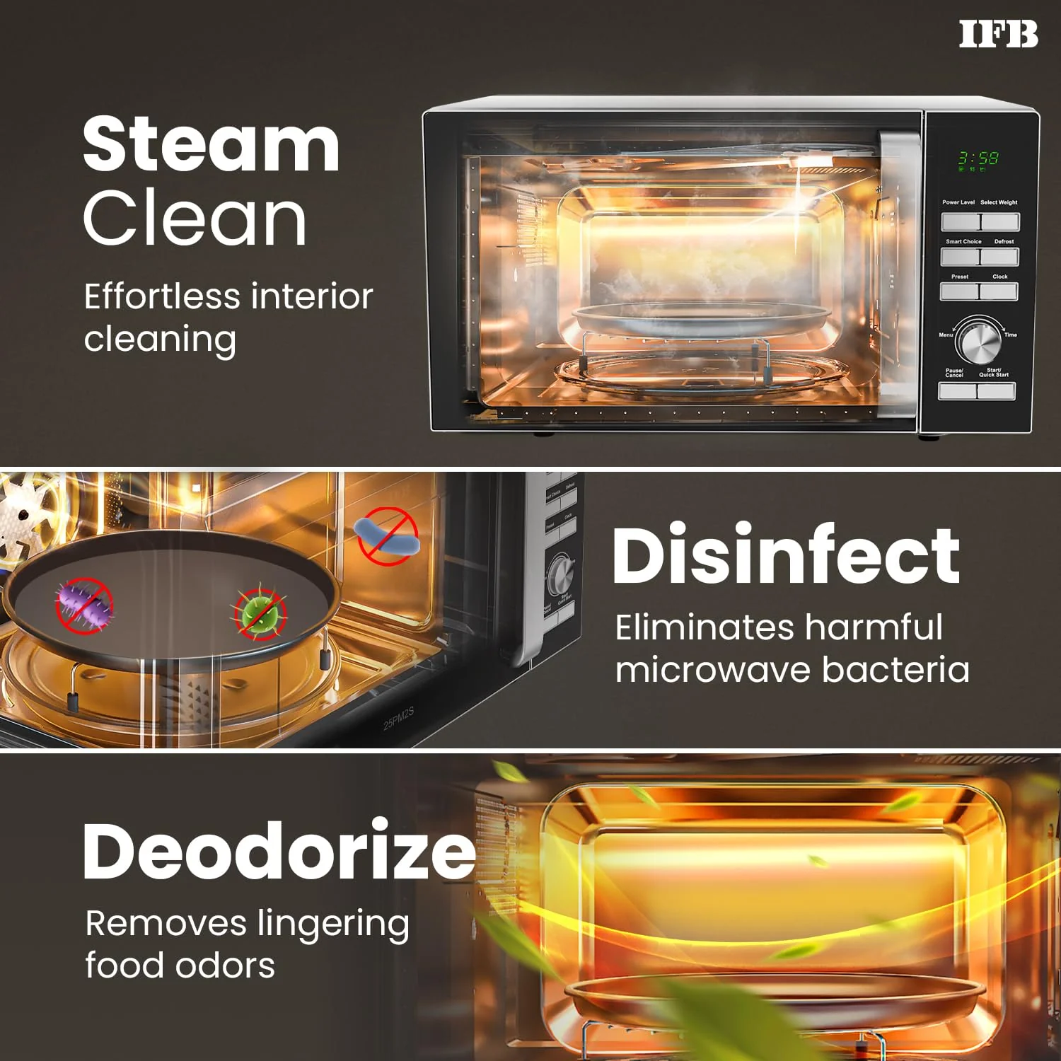 IFB 25L Solo Microwave Oven with 61 Auto Cook Menus (25PM2S, Silver, Easy to use Jog dial & Buttons, Mug Recipes, Steam Clean, Auto Reheat, Preset Timer, Power Save, Multi-Stage Cooking) - Image 3