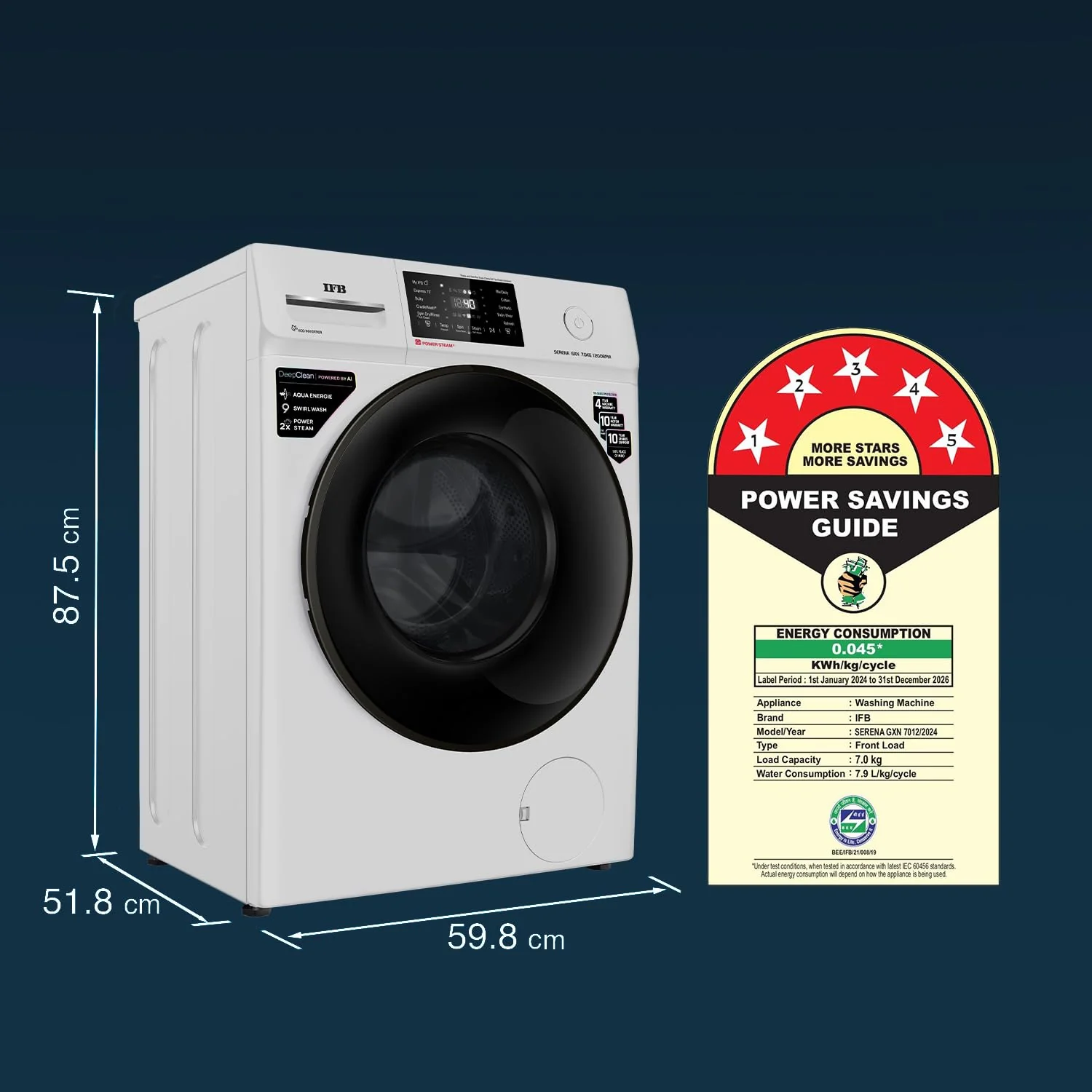 IFB 7 Kg 5 Star, DeepClean® Technology, AI Powered, WiFi, Fully Automatic Front Load Washing Machine (SERENA GXN 7012 CMS, PowerSteam®, 9 Swirl, Steam Refresh, Inbuilt Heater, Eco Inverter, Grey) - Image 2