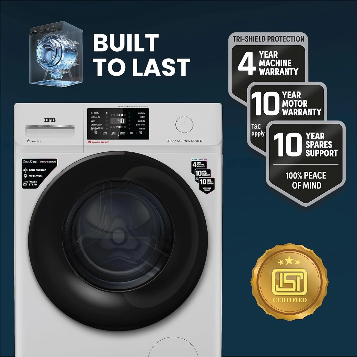 IFB 7 Kg 5 Star, DeepClean® Technology, AI Powered, WiFi, Fully Automatic Front Load Washing Machine (SERENA GXN 7012 CMS, PowerSteam®, 9 Swirl, Steam Refresh, Inbuilt Heater, Eco Inverter, Grey) - Image 9