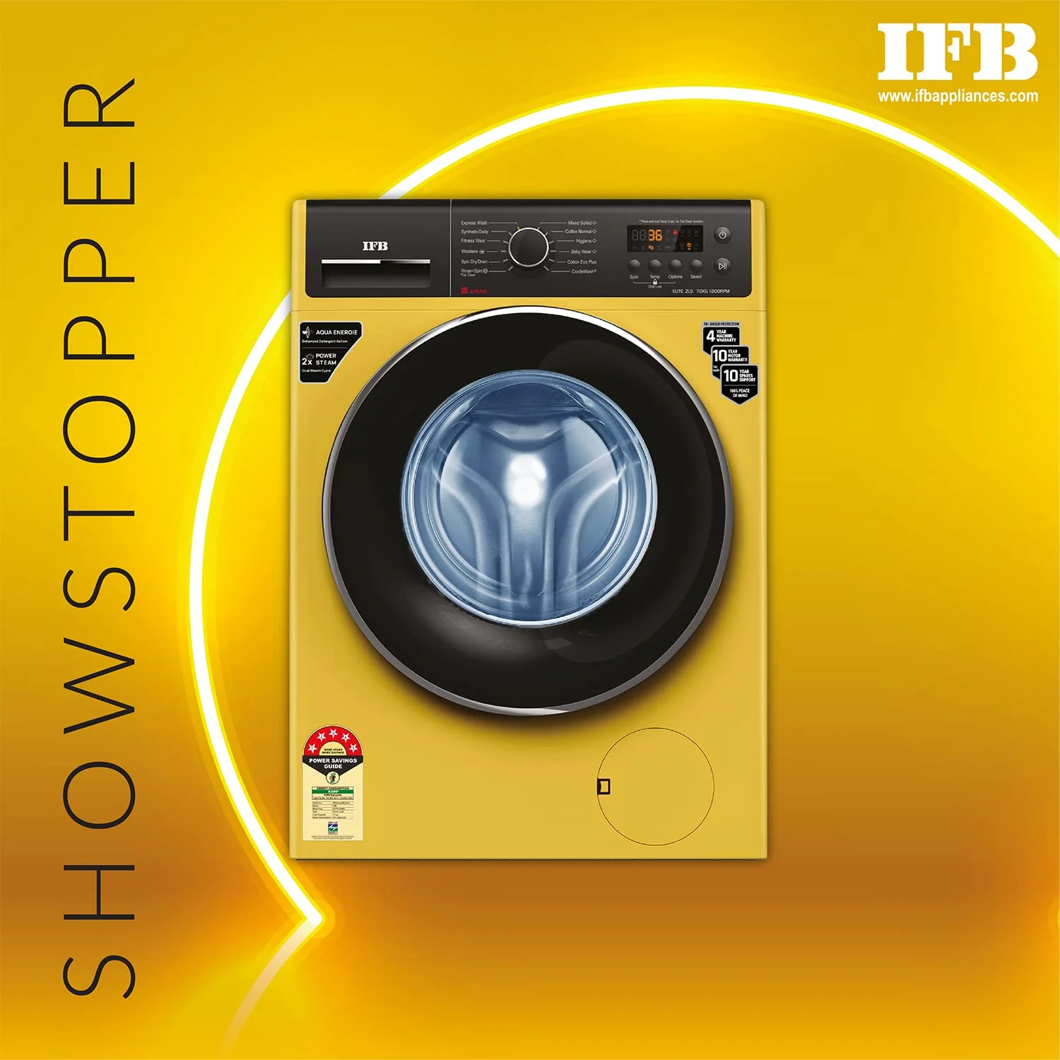 IFB 7 Kg 5 Star Front Load Washing Machine 2X Power Steam (ELITE ZLS 7012, Yellow, In-built Heater, 4 years Comprehensive Warranty) - Image 12