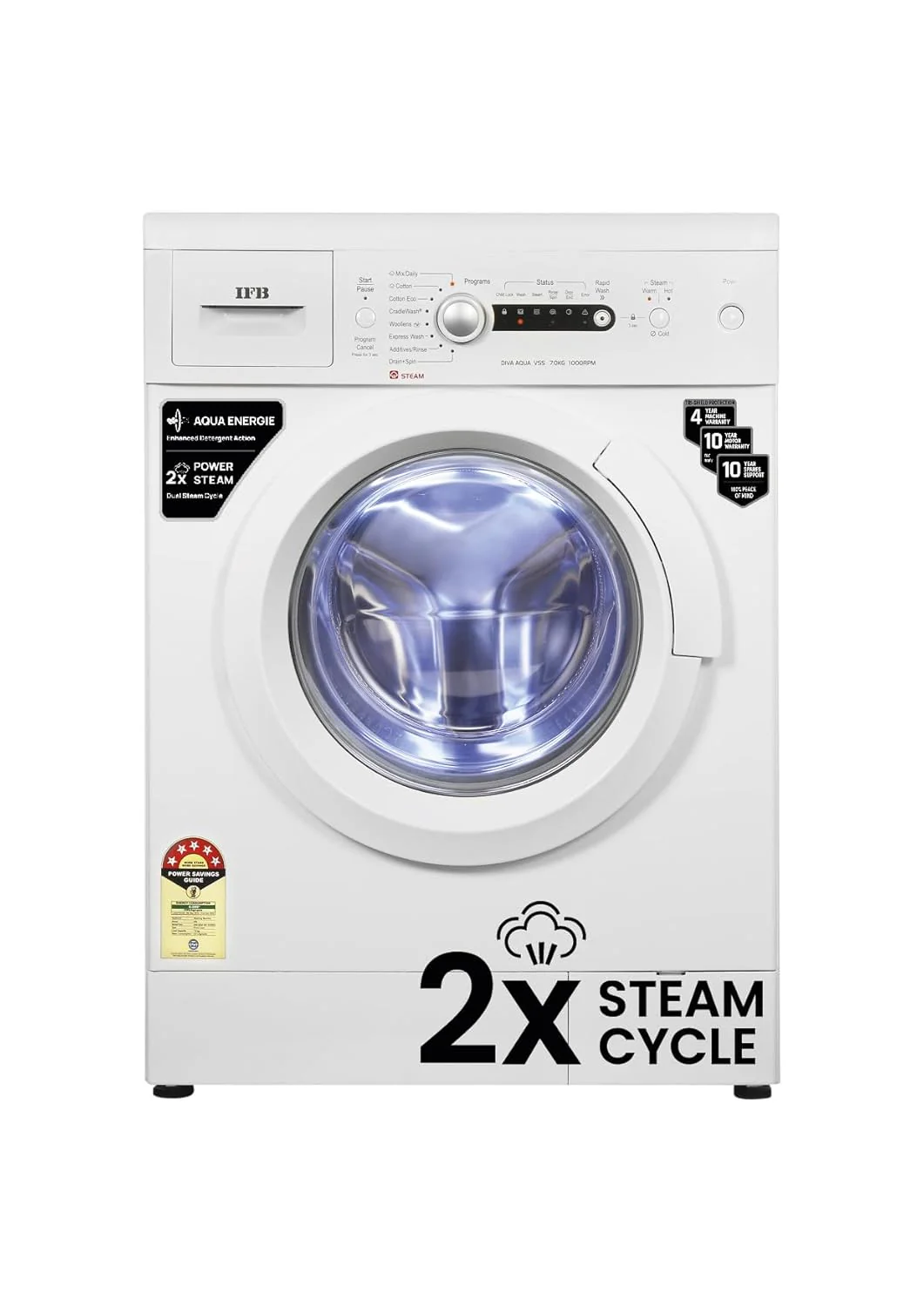 IFB 7 Kg 5 Star Front Load Washing Machine Aqua Conserve (DIVA AQUA VSS 7010, White, In-built Heater, 4 years Comprehensive Warranty)