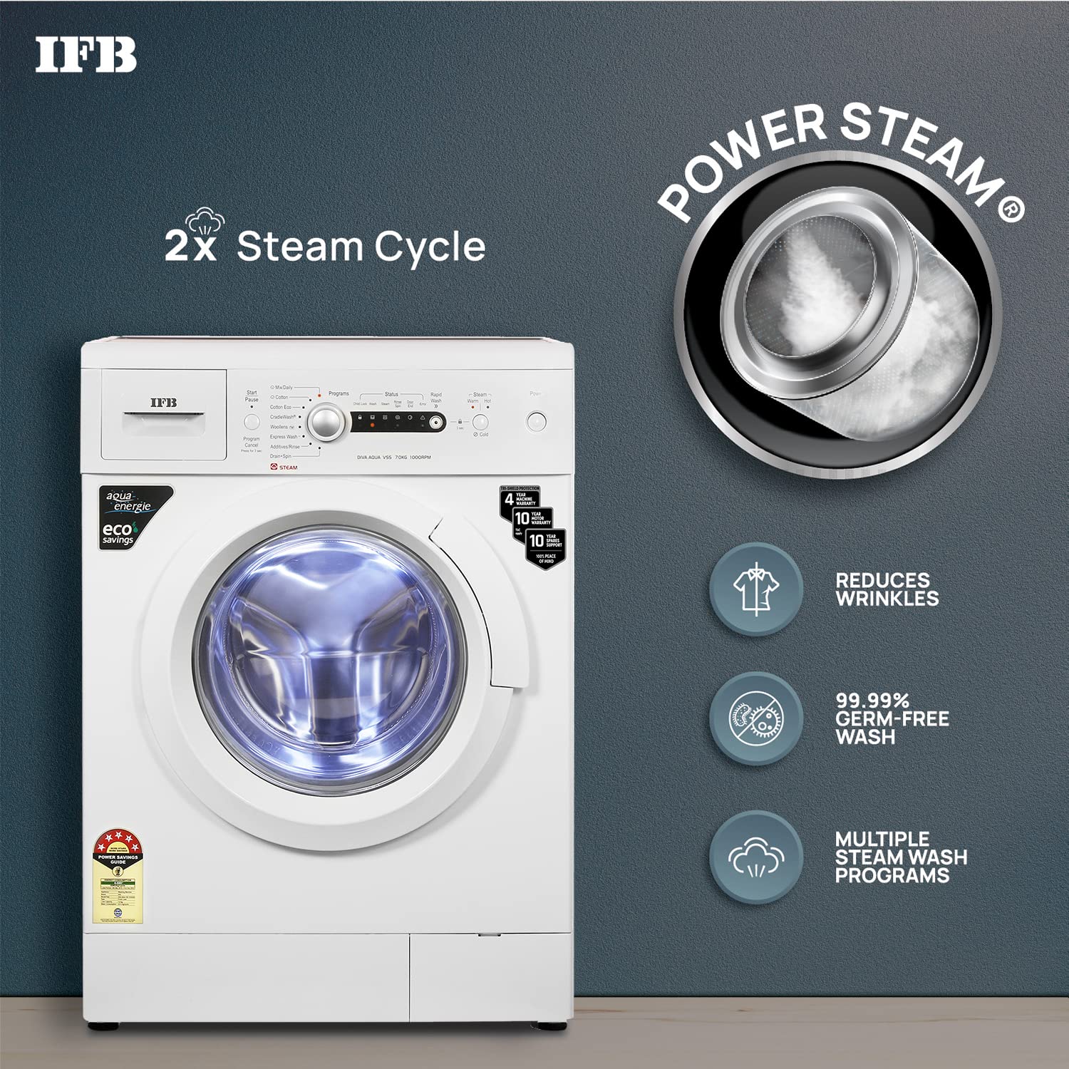 IFB 7 Kg 5 Star Front Load Washing Machine Aqua Conserve (DIVA AQUA VSS 7010, White, In-built Heater, 4 years Comprehensive Warranty) - Image 2