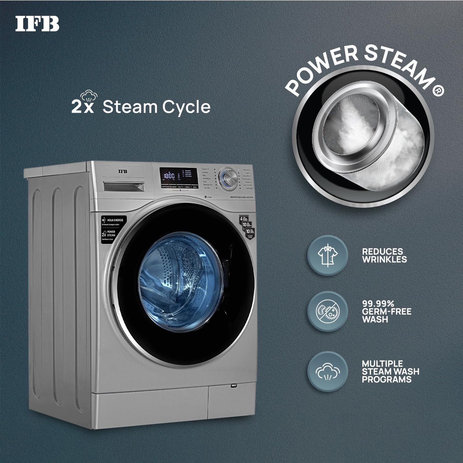 IFB 8 Kg 5 Star AI Powered Fully Automatic Front Load Washing Machine Steam Refresh (SENATOR WSS 8014, Silver, In-built Heater, 4 years Comprehensive Warranty) - Image 2