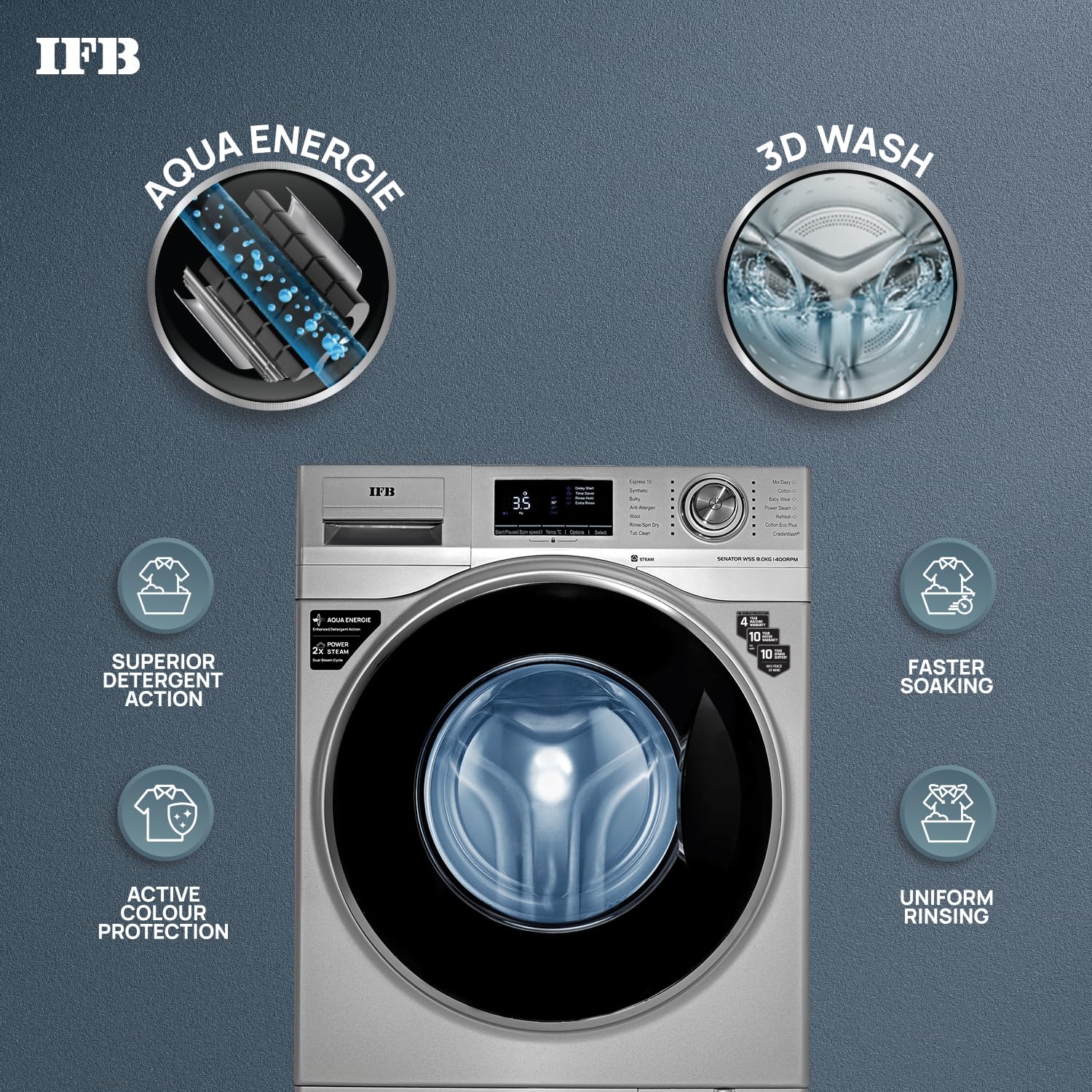 IFB 8 Kg 5 Star AI Powered Fully Automatic Front Load Washing Machine Steam Refresh (SENATOR WSS 8014, Silver, In-built Heater, 4 years Comprehensive Warranty) - Image 7