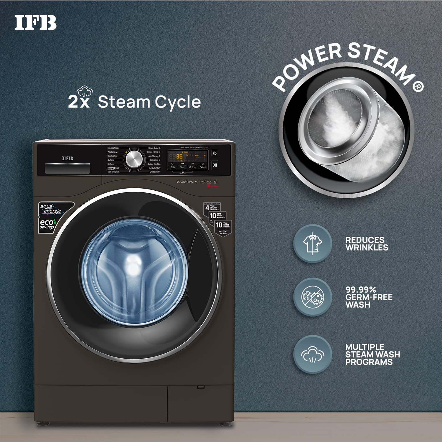 IFB 8 Kg 5 Star Front Load Washing Machine 2X Power Steam (SENATOR MXS 8012, Mocha, In-built Heater, 4 years Comprehensive Warranty) - Image 3