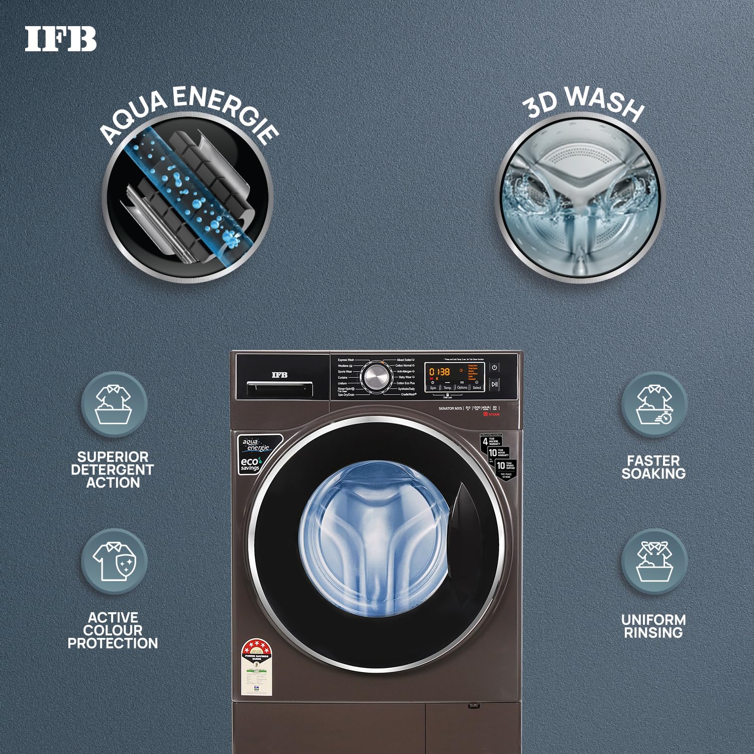 IFB 8 Kg 5 Star Front Load Washing Machine 2X Power Steam (SENATOR MXS 8012, Mocha, In-built Heater, 4 years Comprehensive Warranty) - Image 5