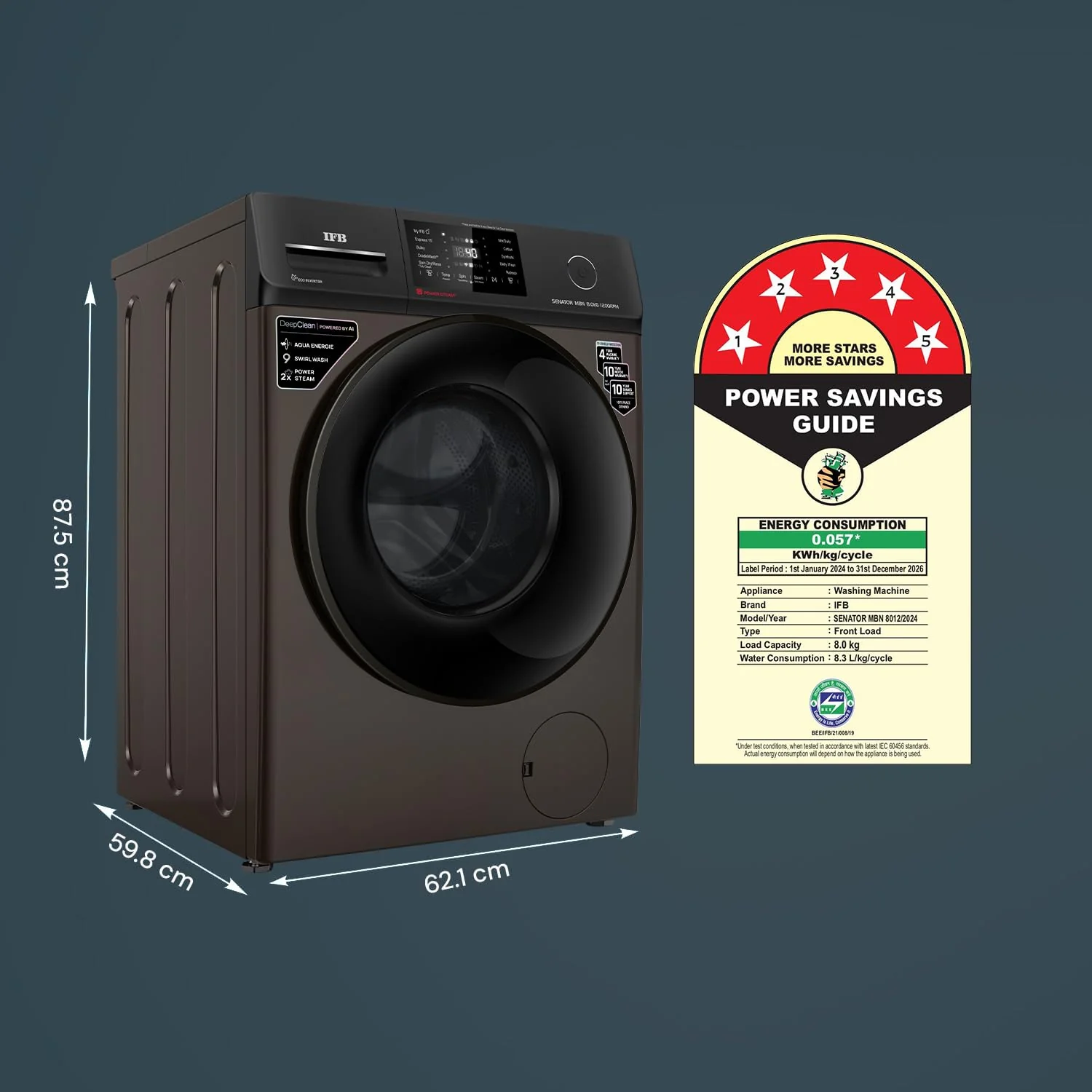 IFB 8 Kg 5 Star Powered by AI with 9 Swirl Wash, WiFi, Fully Automatic Front Load Washing Machine (SENATOR MBN 8012 CMS, Steam Refresh Program with Eco Inverter, Mocha) - Image 2