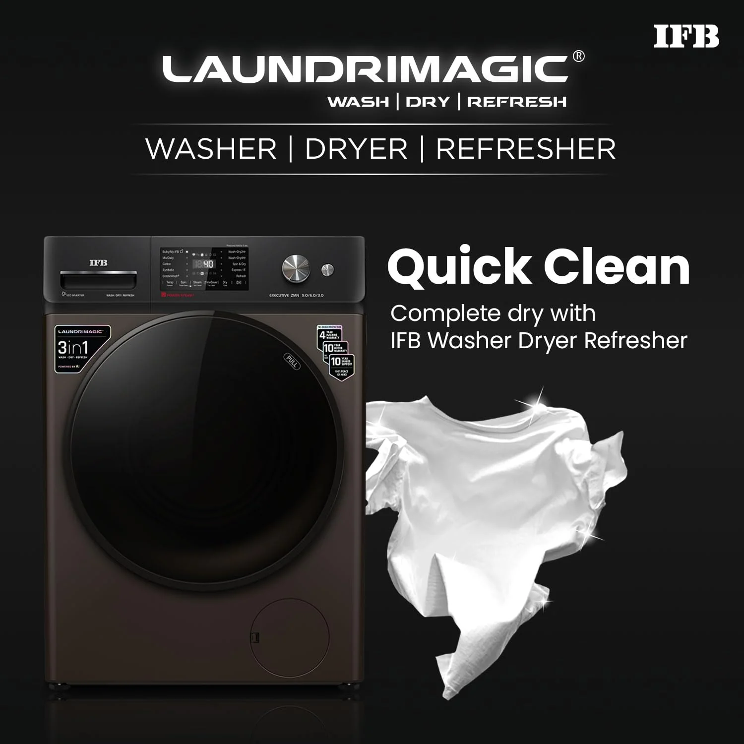IFB 9/6/3 kg Fully Automatic Washer Dryer Refresher with Steam Refresh, AI Powered, 100% Dry Clothes, 9 Swirl Wash Mimic Handwashing, WiFi &amp; Eco Inverter Motor (WDR EXECUTIVE ZMN 9/6/3, Mocha) - Image 3