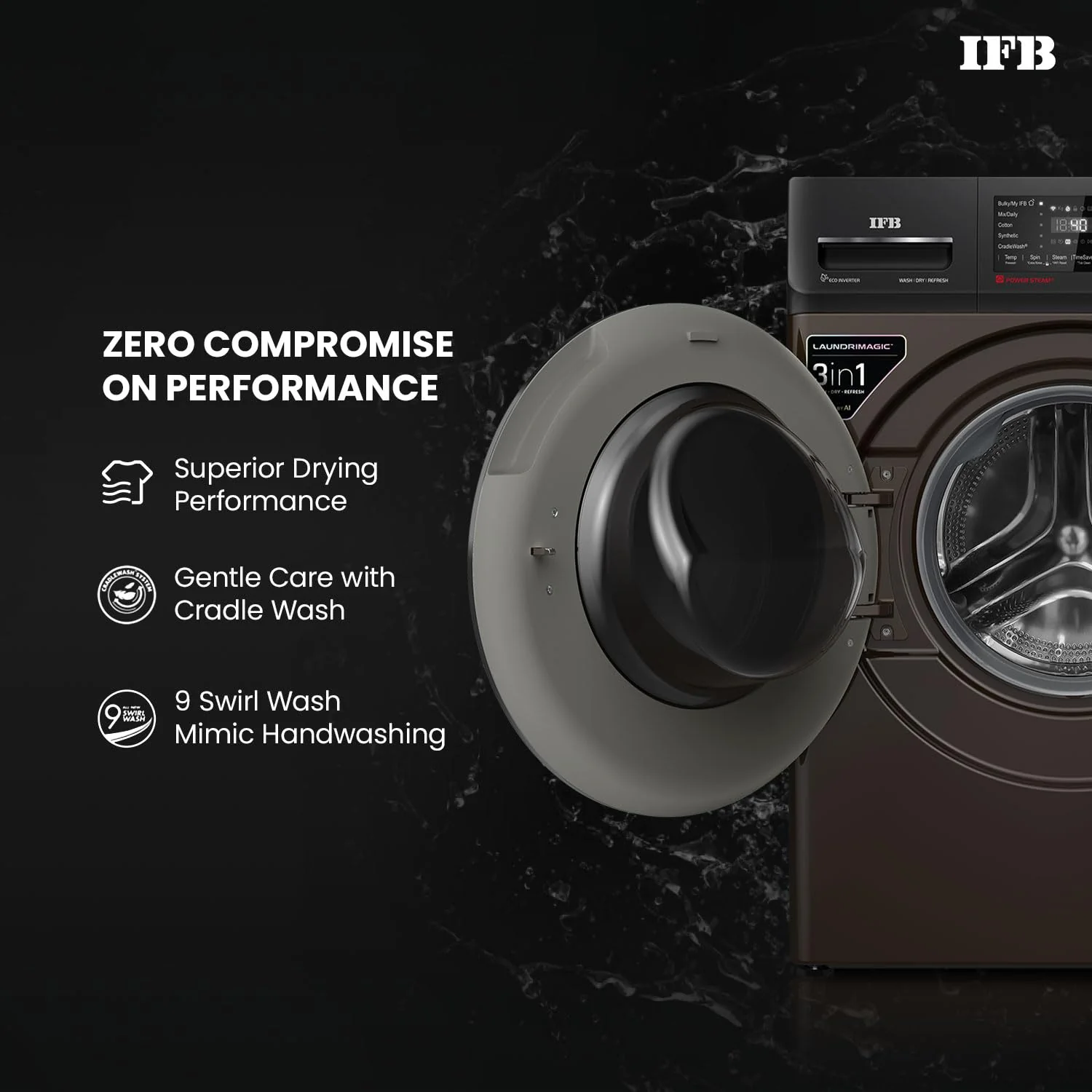 IFB 9/6/3 kg Fully Automatic Washer Dryer Refresher with Steam Refresh, AI Powered, 100% Dry Clothes, 9 Swirl Wash Mimic Handwashing, WiFi &amp; Eco Inverter Motor (WDR EXECUTIVE ZMN 9/6/3, Mocha) - Image 4