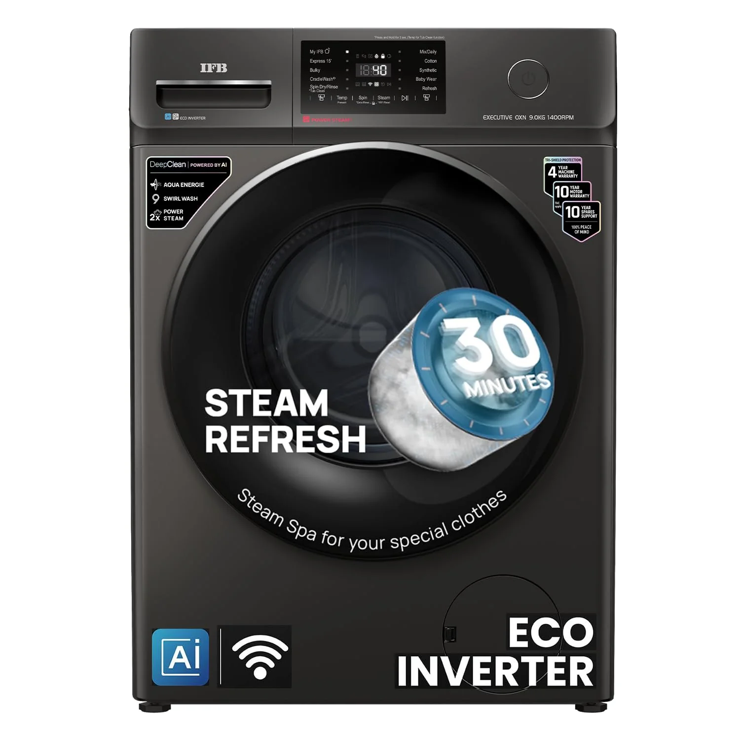 IFB 9 Kg 5 Star, DeepClean® Technology, AI Powered, WiFi, Fully Automatic Front Load Washing Machine (EXECUTIVE OXN 9014 CMS, PowerSteam®, 9 Swirl, Steam Refresh, Inbuilt Heater, Eco Inverter, Onyx)