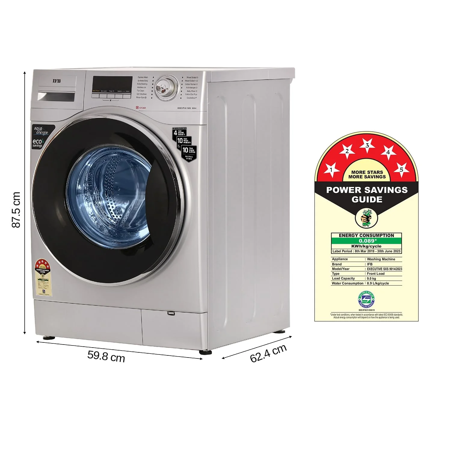 IFB 9 Kg 5 Star Front Load Washing Machine 2X Power Dual Steam (EXECUTIVE SXS 9014, Silver, Active Color Protection, Hard Water Wash) - Image 2