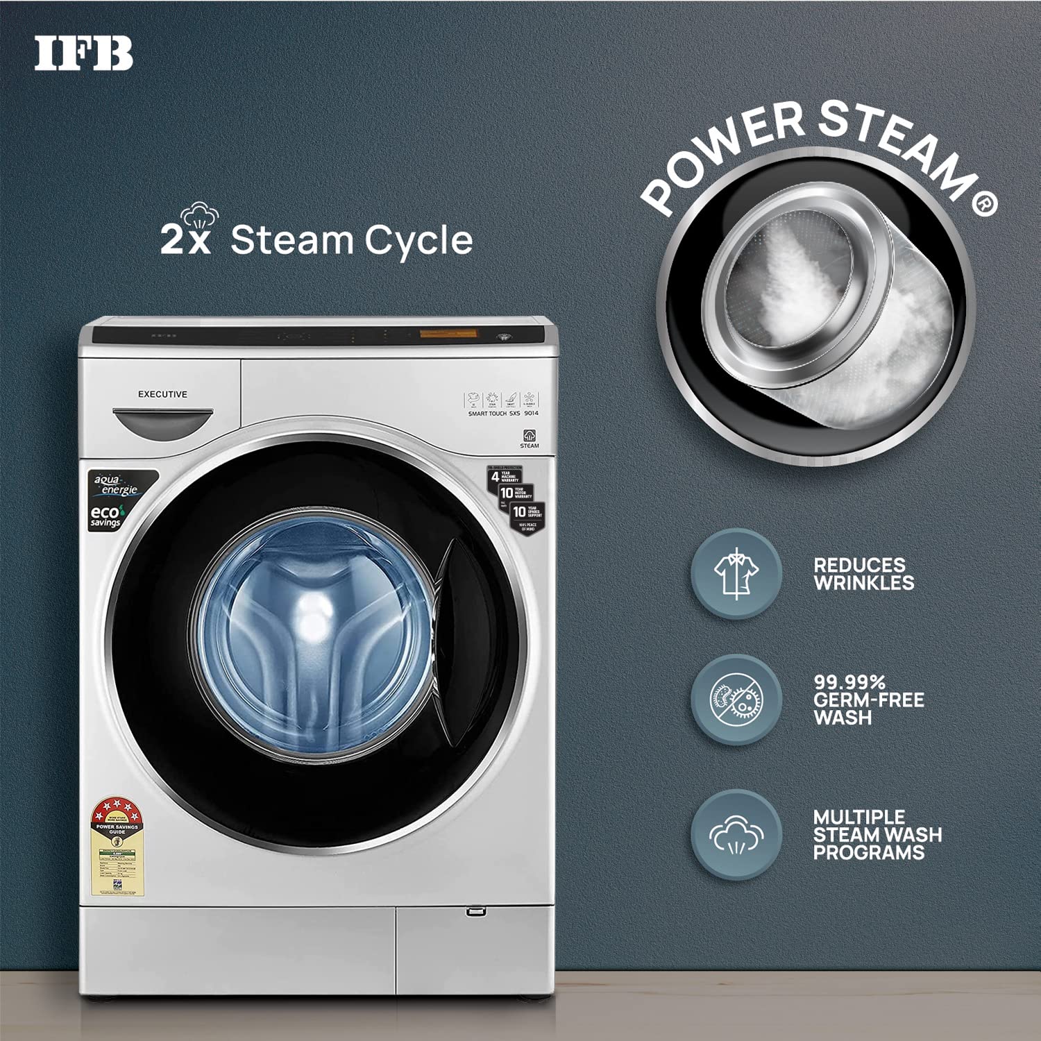 IFB 9 Kg 5 Star Front Load Washing Machine 2X Power Steam (EXECUTIVE SMART TOUCH SXS, Silver, O2 Bubble Wash, 4 years Comprehensive Warranty) - Image 2