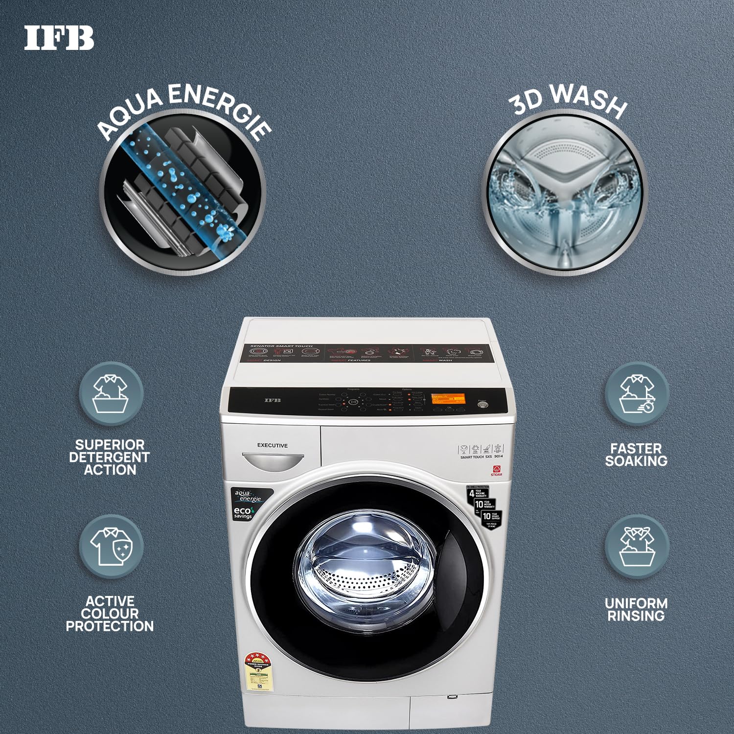 IFB 9 Kg 5 Star Front Load Washing Machine 2X Power Steam (EXECUTIVE SMART TOUCH SXS, Silver, O2 Bubble Wash, 4 years Comprehensive Warranty) - Image 3