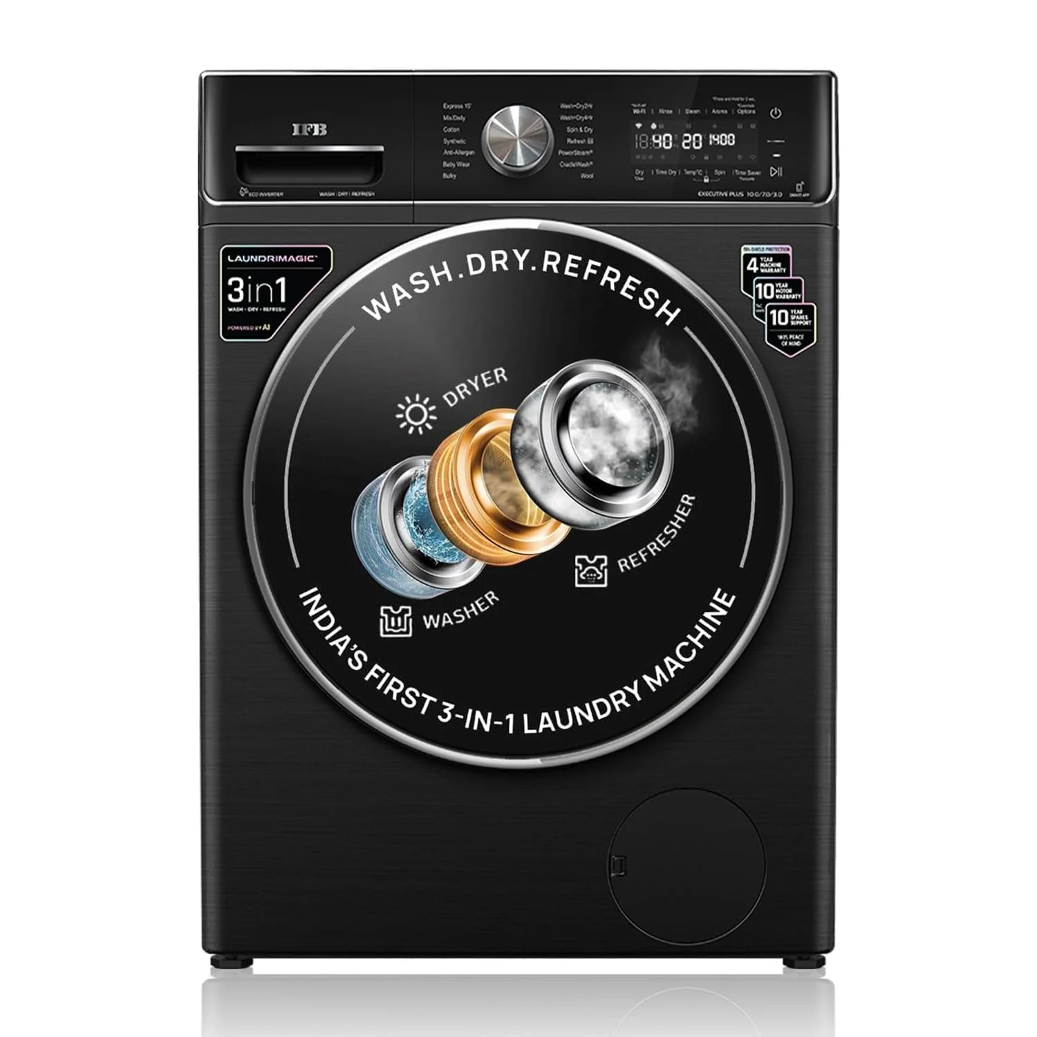 IFB 10 Kg/7 Kg/3 Kg 3-in-1, AI Powered, Fully Automatic Washer Dryer Refresher (IFB Laundrimagic®, WDR EXECUTIVE PLUS ZXB 10/7/3, 9 Swirl Wash, Eco Inverter Technology, Black VCM)