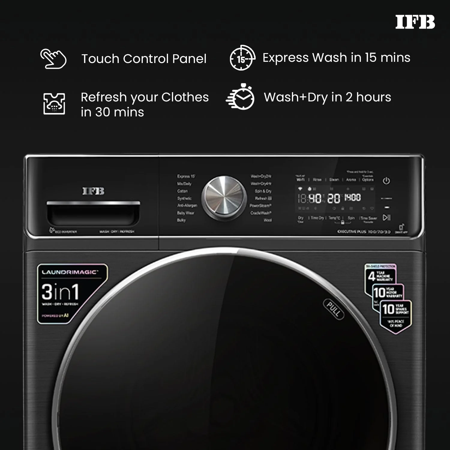 IFB 10 Kg/7 Kg/3 Kg 3-in-1, AI Powered, Fully Automatic Washer Dryer Refresher (IFB Laundrimagic®, WDR EXECUTIVE PLUS ZXB 10/7/3, 9 Swirl Wash, Eco Inverter Technology, Black VCM) - Image 3