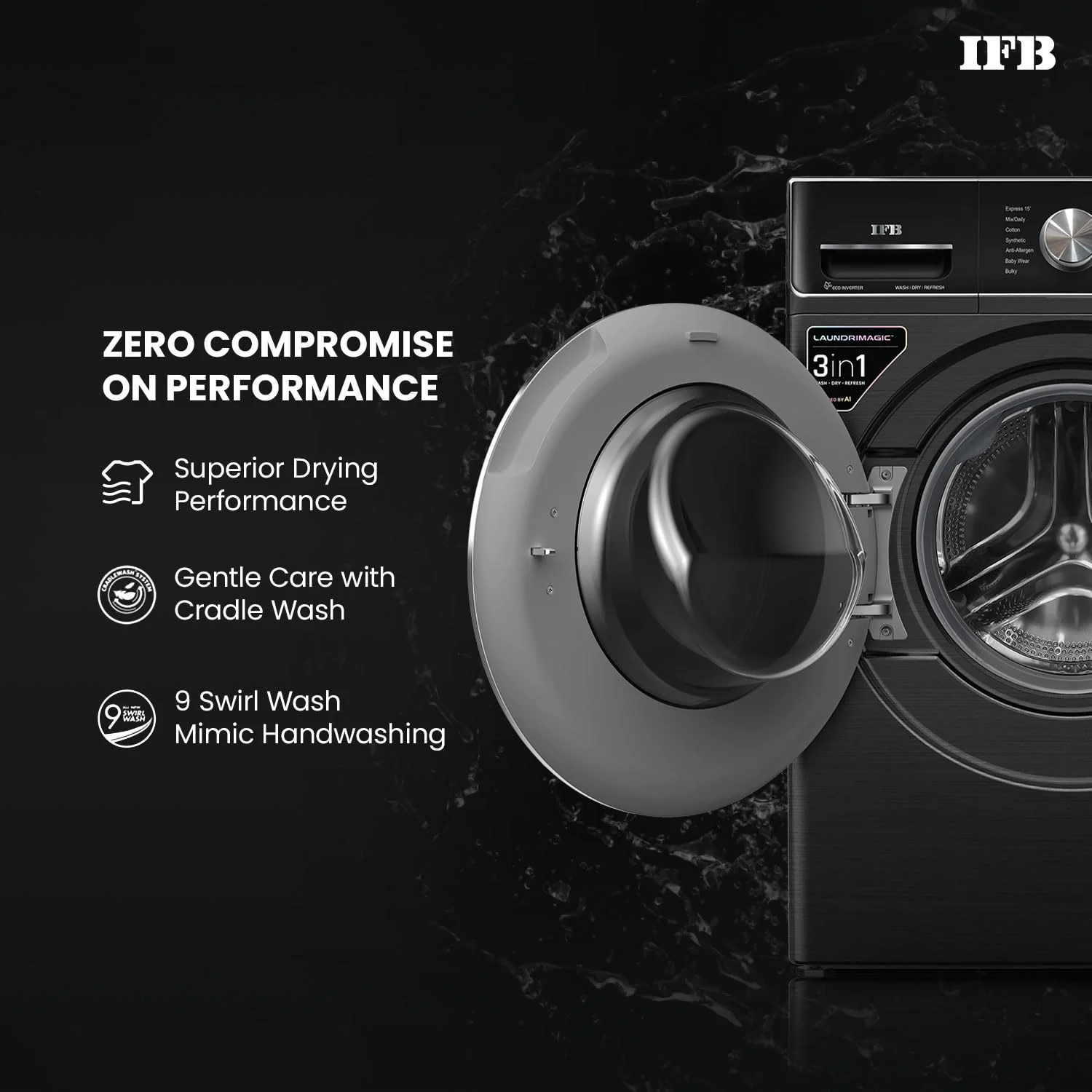 IFB 10 Kg/7 Kg/3 Kg 3-in-1, AI Powered, Fully Automatic Washer Dryer Refresher (IFB Laundrimagic®, WDR EXECUTIVE PLUS ZXB 10/7/3, 9 Swirl Wash, Eco Inverter Technology, Black VCM) - Image 6