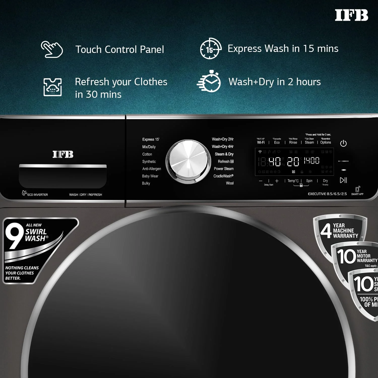 IFB Laundrimagic 3-in-1 8.5 Kg/6.5 Kg/2.5 Kg Inverter Washer Dryer Refresh (Executive ZXM, Mocha) - Image 7