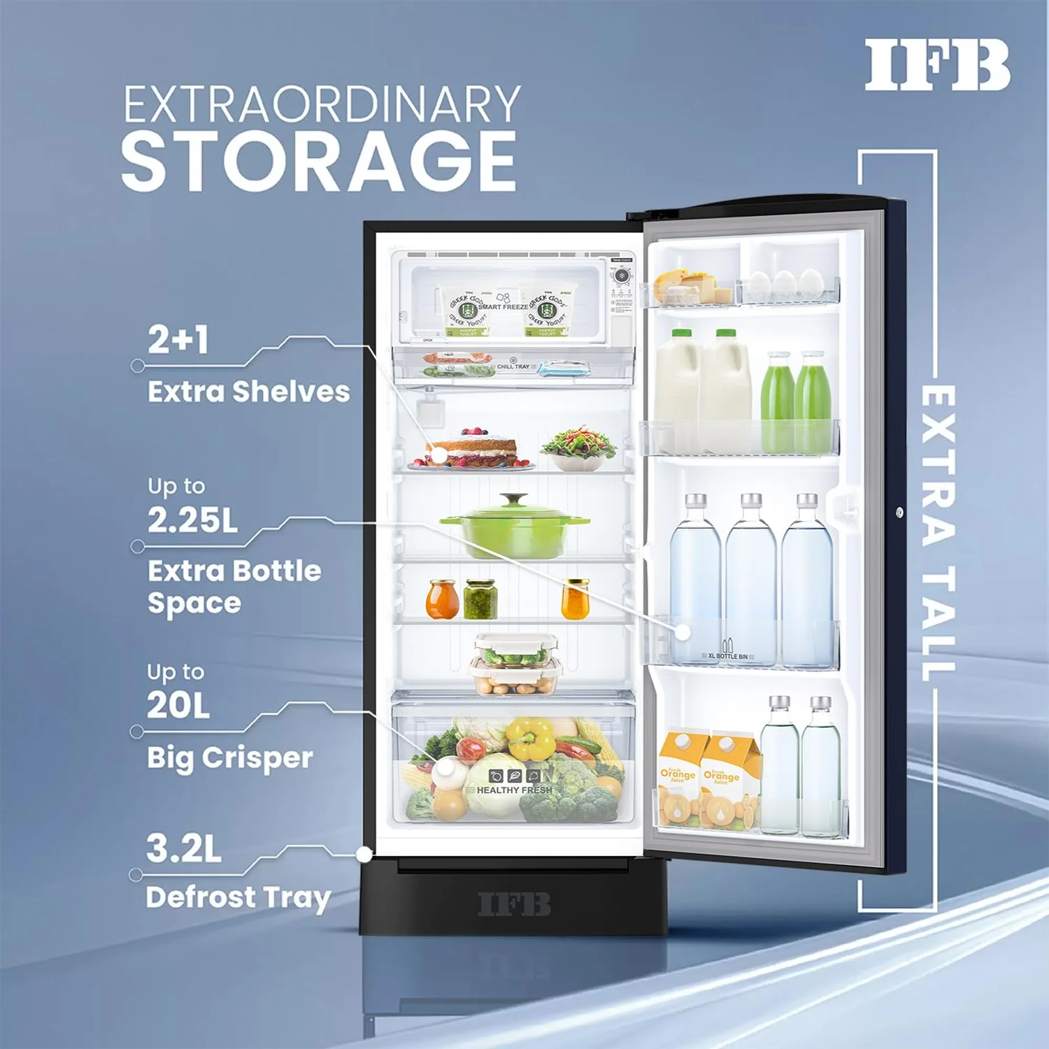 IFB Smart Choice 197L 5 Star Direct-Cool Single Door Refrigerator with Advanced Inverter Compressor (IFBDC-2235DBMED,Mystic Blossom Blue) Extraordinary Storage with Humidity Controller, Base drawer - Image 10