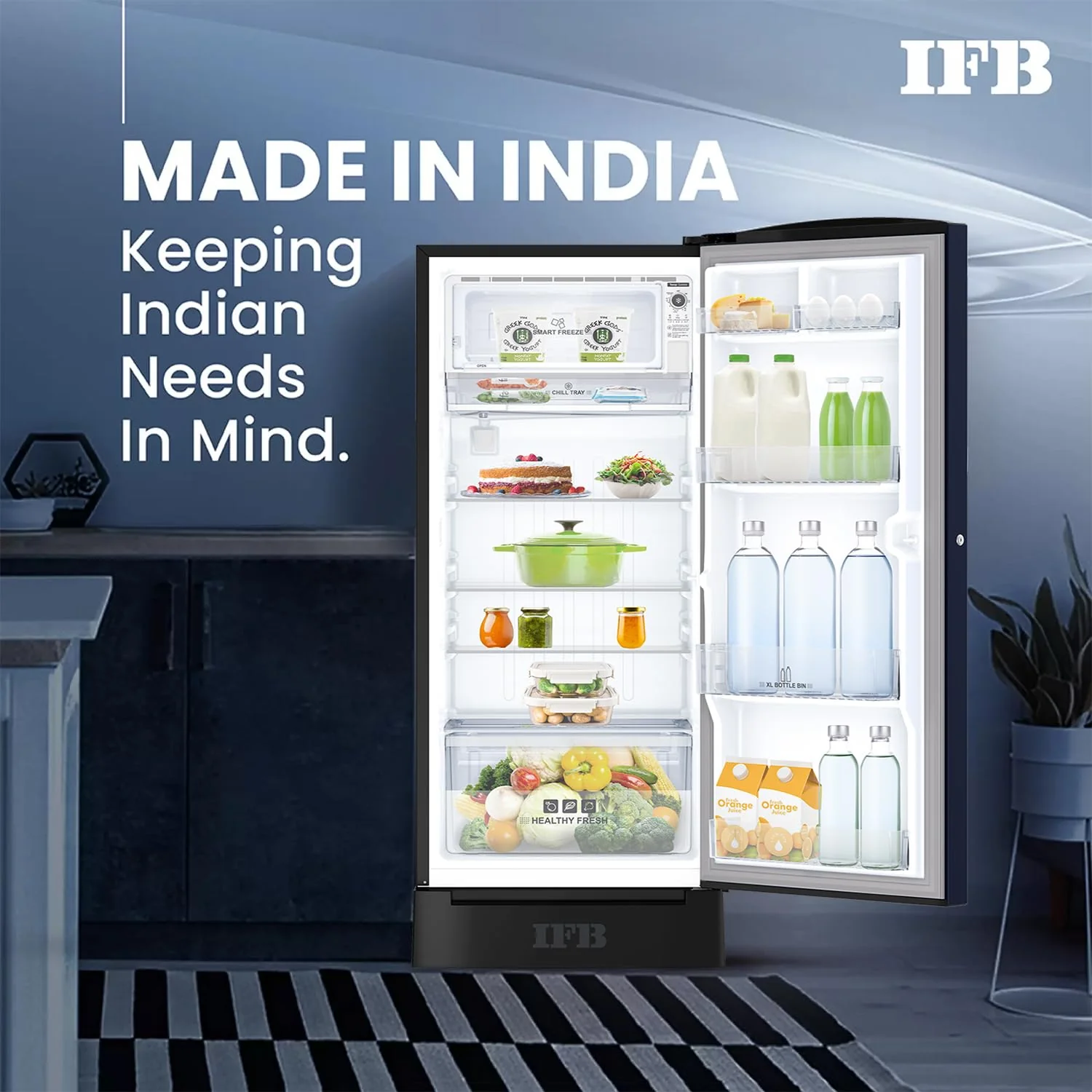 IFB Smart Choice 197L 5 Star Direct-Cool Single Door Refrigerator with Advanced Inverter Compressor (IFBDC-2235DBMED,Mystic Blossom Blue) Extraordinary Storage with Humidity Controller, Base drawer - Image 9