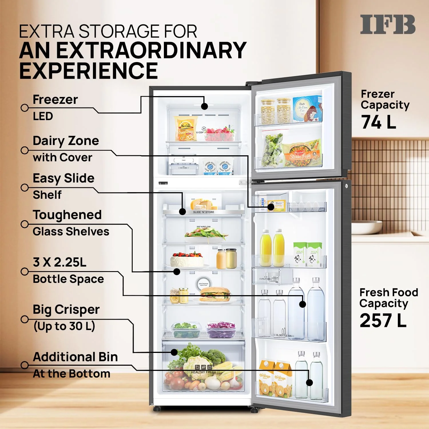 IFB Smart Choice 331L, 3 Star, Tru Convertible 12-in-1, Advanced Inverter Compressor, Frost Free Double Door Refrigerator, WiFi Enabled, 4-Year Machine Warranty (IFBFF-3833DKSETU, Metal Black) - Image 10
