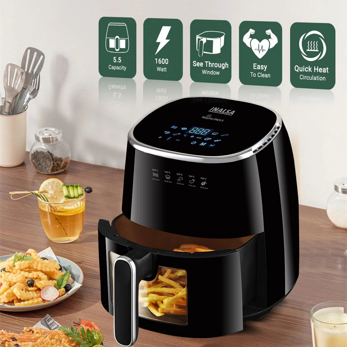 INALSA Air Fryer for Home|5.5 liter Capacity|Visible Window &amp; Internal Light|1600 W with Smart AirCrisp Technology|6-In-1 Appliance With 8 Preset Menu &amp; Digital Display (Tasty fry DW5.5) Black - Image 2