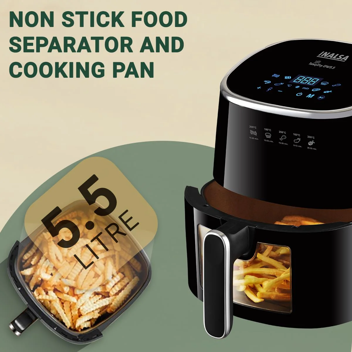 INALSA Air Fryer for Home|5.5 liter Capacity|Visible Window &amp; Internal Light|1600 W with Smart AirCrisp Technology|6-In-1 Appliance With 8 Preset Menu &amp; Digital Display (Tasty fry DW5.5) Black - Image 3
