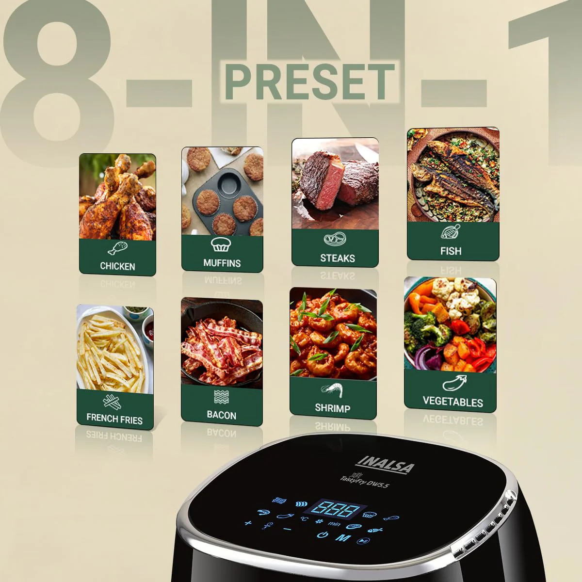 INALSA Air Fryer for Home|5.5 liter Capacity|Visible Window &amp; Internal Light|1600 W with Smart AirCrisp Technology|6-In-1 Appliance With 8 Preset Menu &amp; Digital Display (Tasty fry DW5.5) Black - Image 5