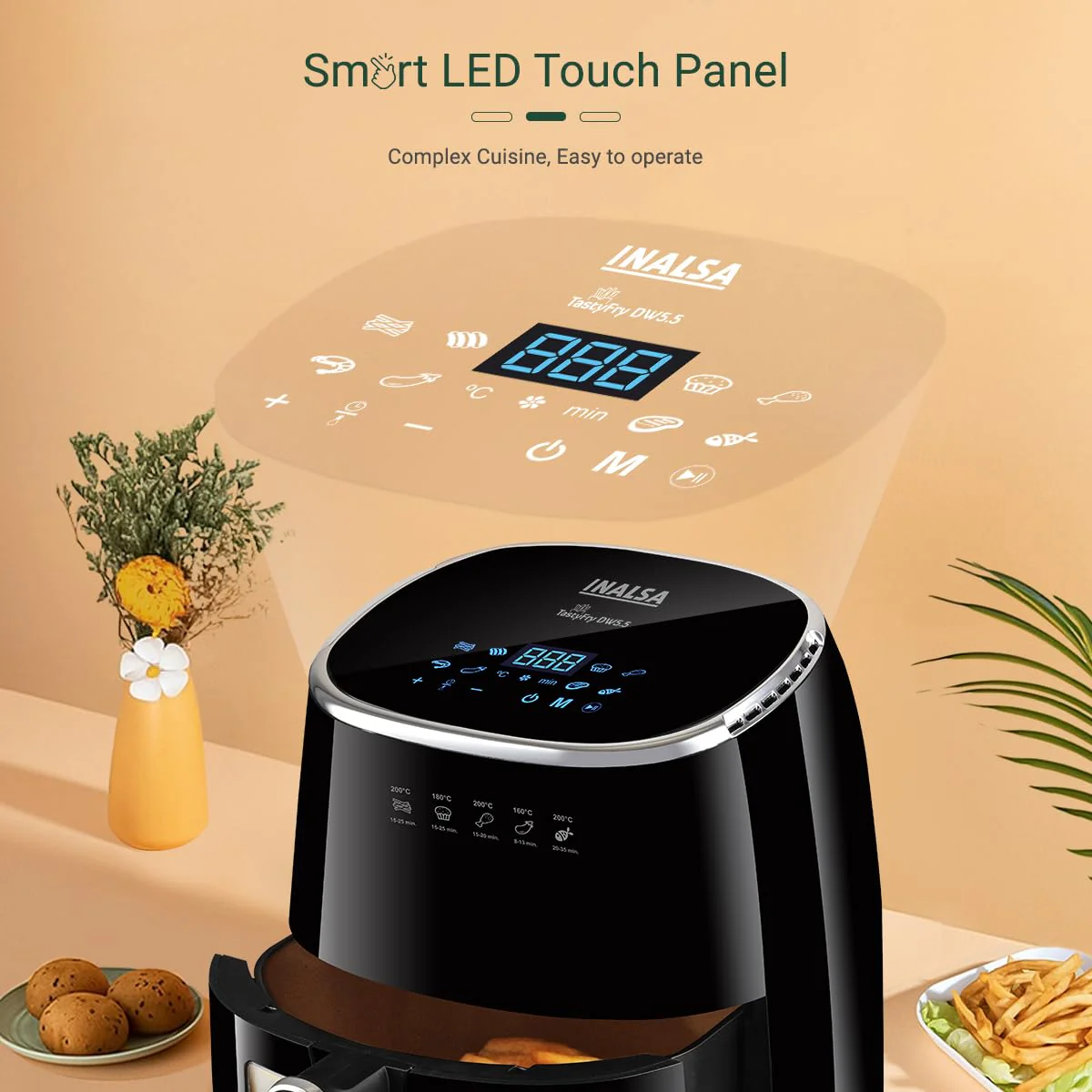INALSA Air Fryer for Home|5.5 liter Capacity|Visible Window &amp; Internal Light|1600 W with Smart AirCrisp Technology|6-In-1 Appliance With 8 Preset Menu &amp; Digital Display (Tasty fry DW5.5) Black - Image 6