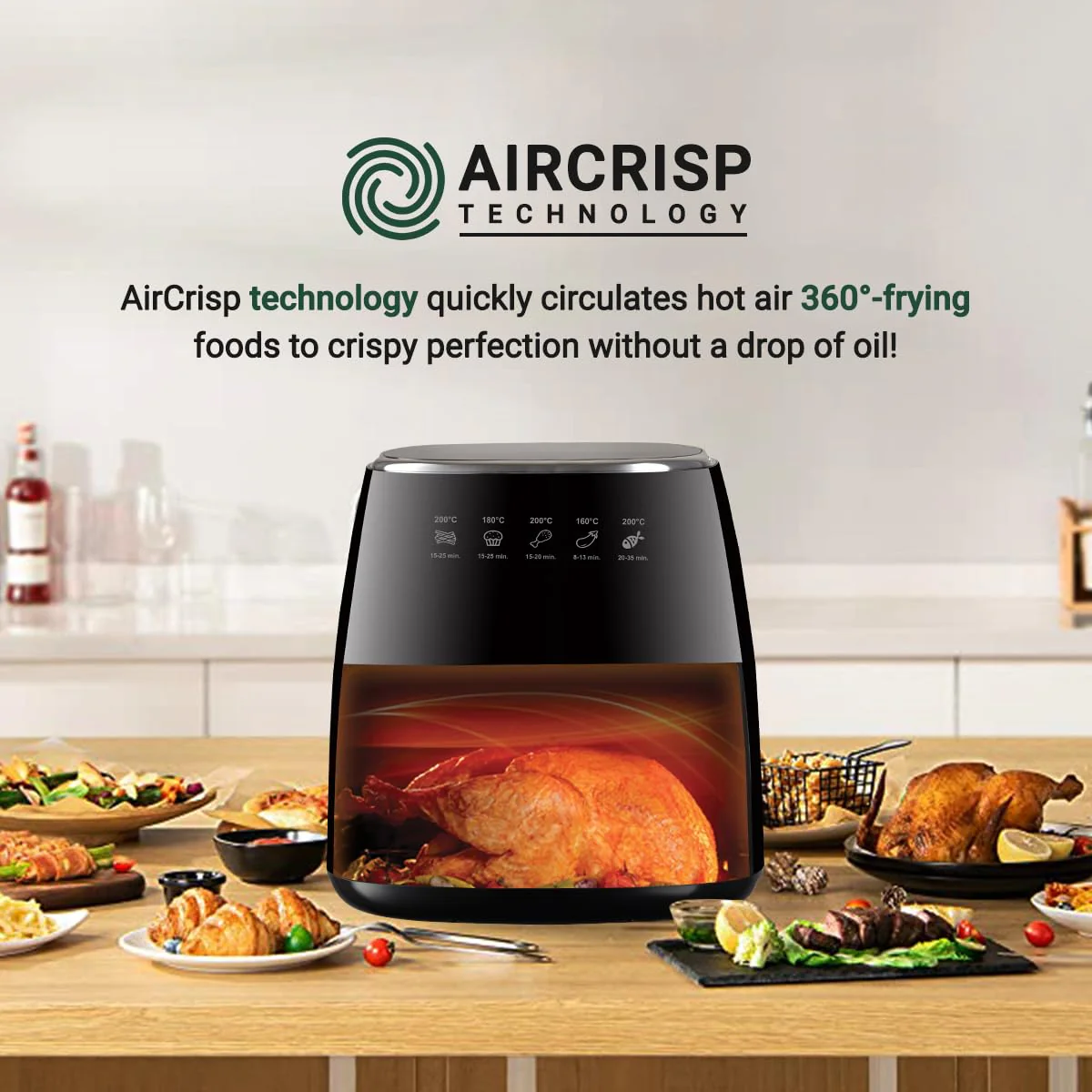 INALSA Air Fryer for Home|5.5 liter Capacity|Visible Window &amp; Internal Light|1600 W with Smart AirCrisp Technology|6-In-1 Appliance With 8 Preset Menu &amp; Digital Display (Tasty fry DW5.5) Black - Image 7