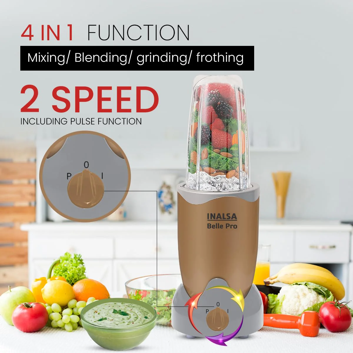 INALSA Bullet Mixer Grinder|5 Jar include 2 Storage Jar For Smothies,Coffee,Dry fruits &amp; Wet Grinding|600 W, Copper Motor|3 Blades Including Froth Blade with 2 Sipper &amp; 1 Seasoning Cap|2 Yr Warranty - Image 2