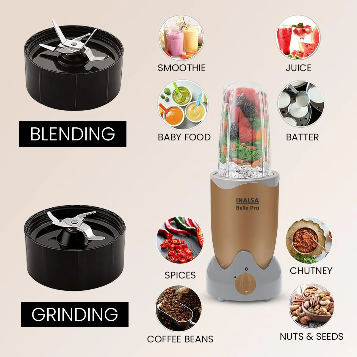 INALSA Bullet Mixer Grinder|5 Jar include 2 Storage Jar For Smothies,Coffee,Dry fruits &amp; Wet Grinding|600 W, Copper Motor|3 Blades Including Froth Blade with 2 Sipper &amp; 1 Seasoning Cap|2 Yr Warranty - Image 3