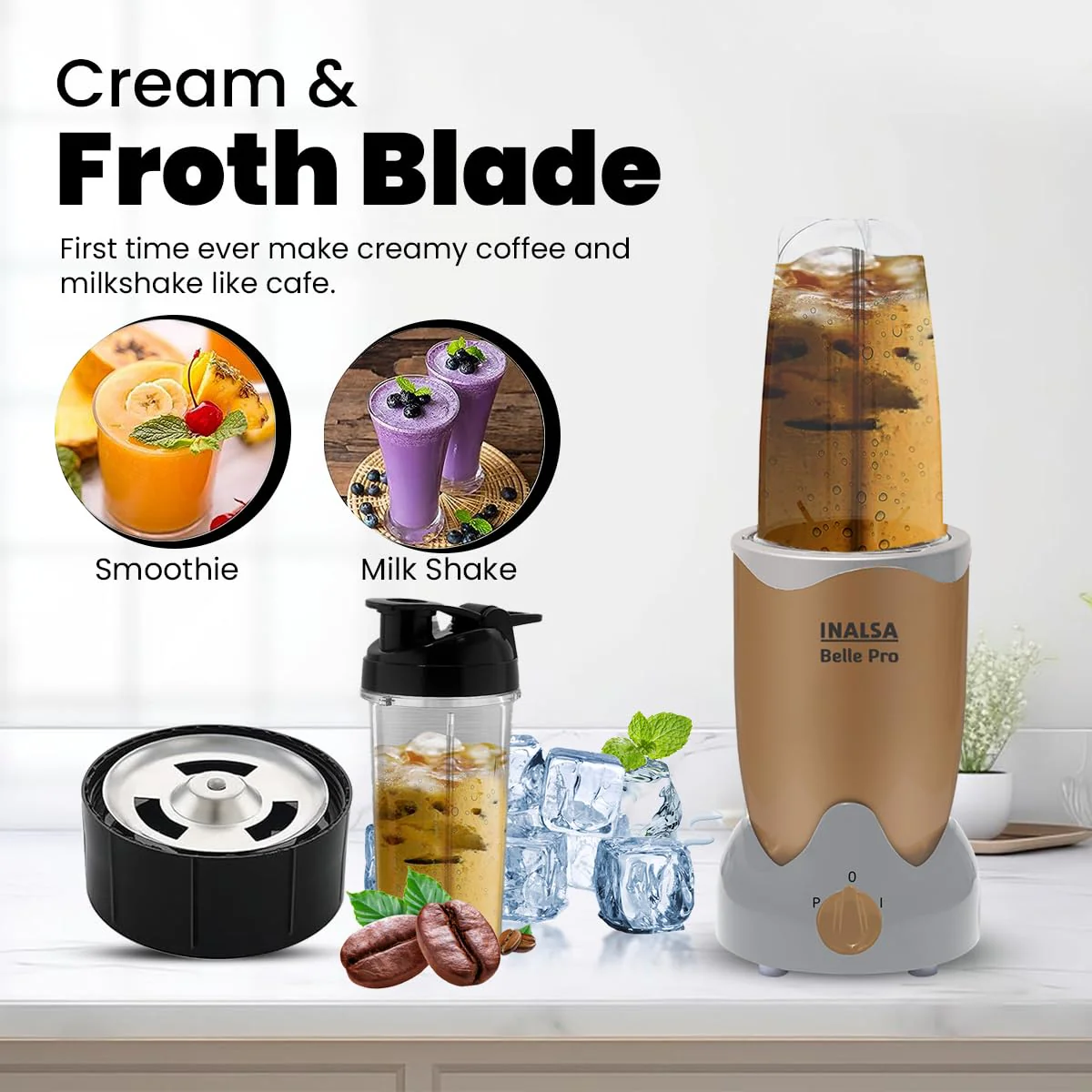 INALSA Bullet Mixer Grinder|5 Jar include 2 Storage Jar For Smothies,Coffee,Dry fruits &amp; Wet Grinding|600 W, Copper Motor|3 Blades Including Froth Blade with 2 Sipper &amp; 1 Seasoning Cap|2 Yr Warranty - Image 4