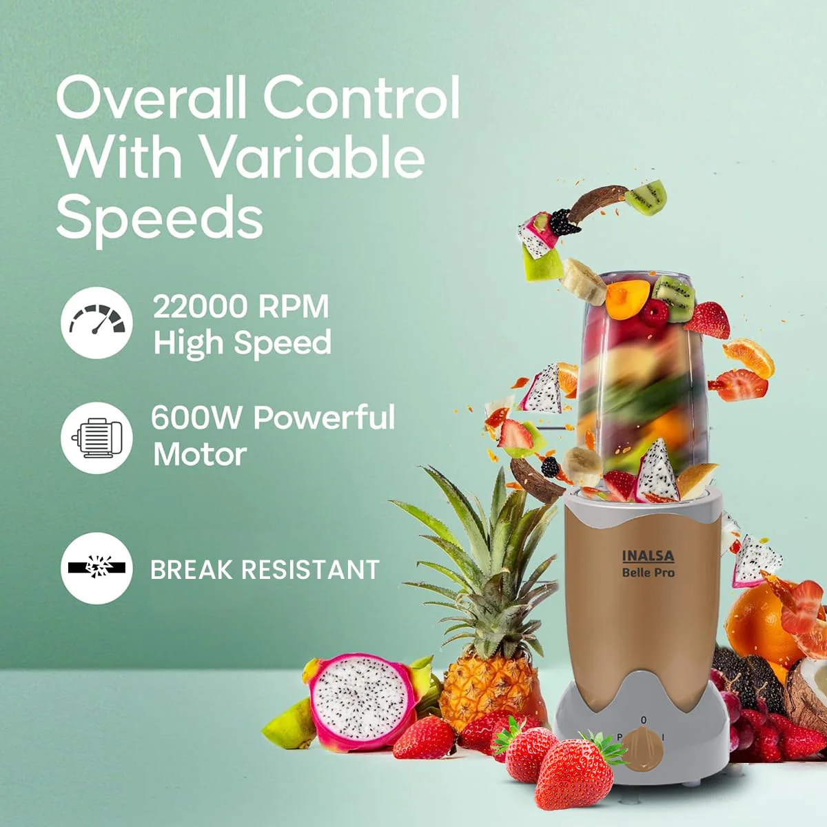 INALSA Bullet Mixer Grinder|5 Jar include 2 Storage Jar For Smothies,Coffee,Dry fruits &amp; Wet Grinding|600 W, Copper Motor|3 Blades Including Froth Blade with 2 Sipper &amp; 1 Seasoning Cap|2 Yr Warranty - Image 5