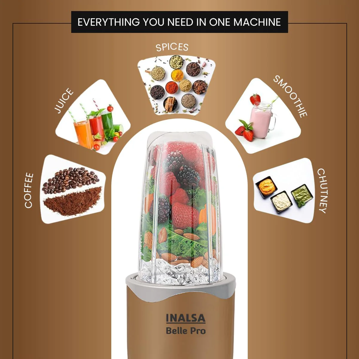 INALSA Bullet Mixer Grinder|5 Jar include 2 Storage Jar For Smothies,Coffee,Dry fruits &amp; Wet Grinding|600 W, Copper Motor|3 Blades Including Froth Blade with 2 Sipper &amp; 1 Seasoning Cap|2 Yr Warranty - Image 8
