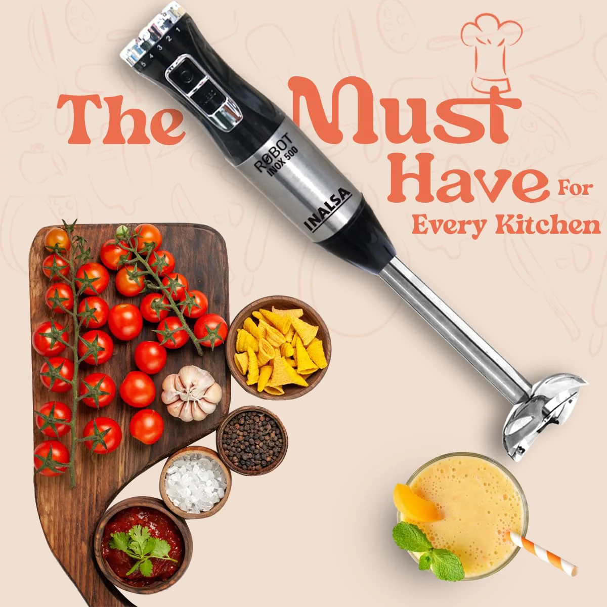 INALSA Stainless Steel Electric Hand Blender with 500W DC Motor|Variable &amp; Turbo Speed|Super Silent|Ultra Sharp SS Blade &amp; Detachable Stem|for Smoothie &amp; Juices,Whip,Chop-RobotInox500,Black/Silver - Image 3