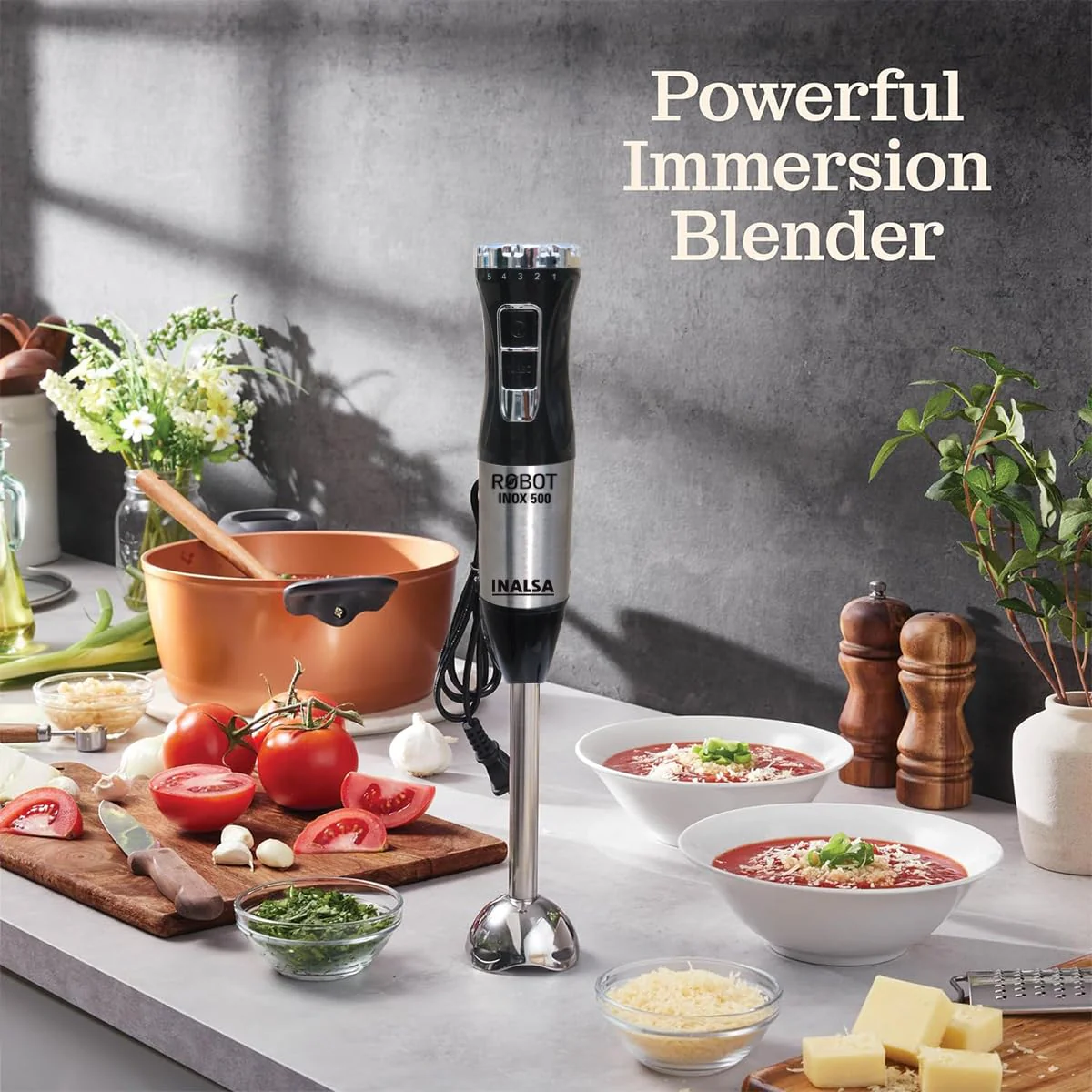 INALSA Stainless Steel Electric Hand Blender with 500W DC Motor|Variable &amp; Turbo Speed|Super Silent|Ultra Sharp SS Blade &amp; Detachable Stem|for Smoothie &amp; Juices,Whip,Chop-RobotInox500,Black/Silver - Image 5