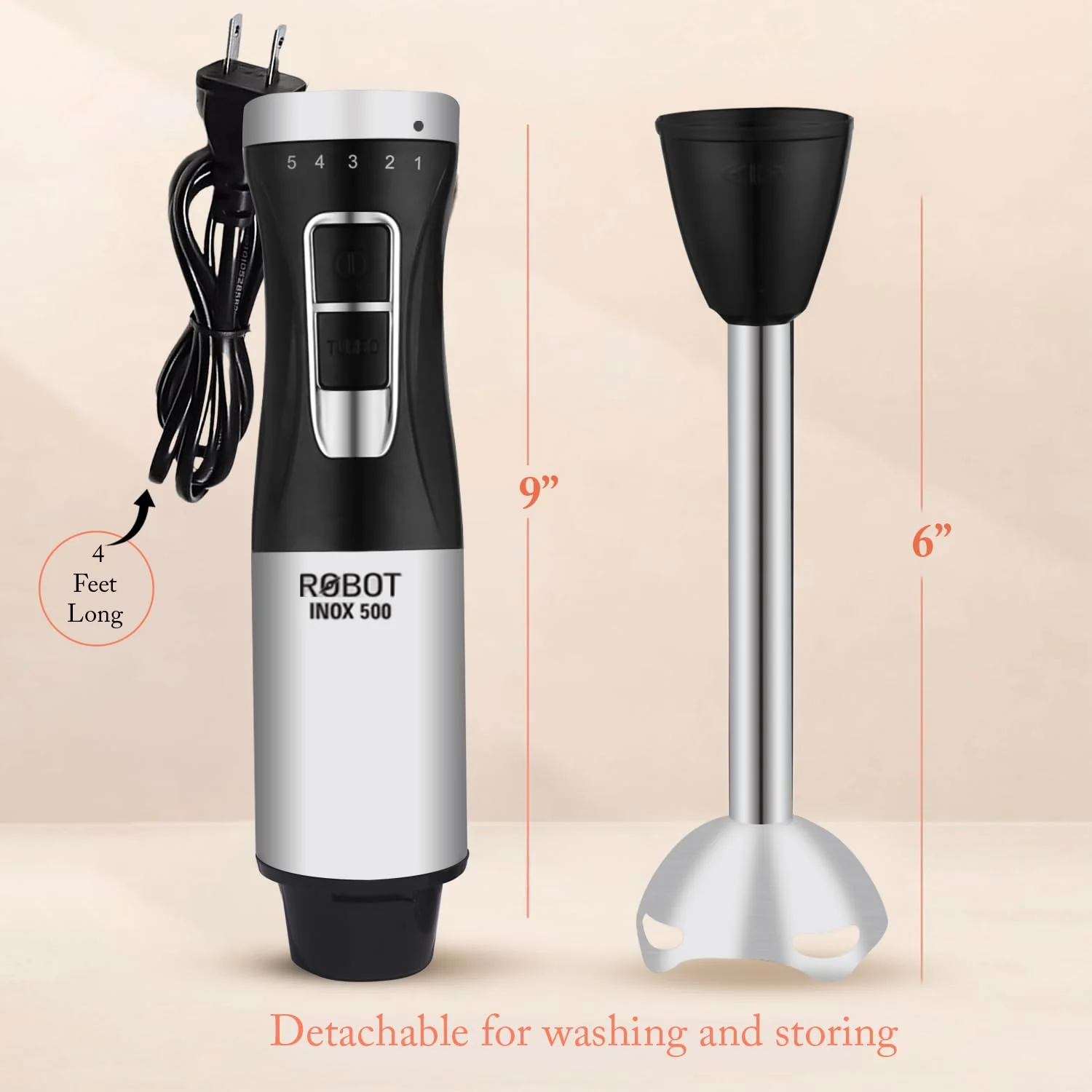 INALSA Stainless Steel Electric Hand Blender with 500W DC Motor|Variable &amp; Turbo Speed|Super Silent|Ultra Sharp SS Blade &amp; Detachable Stem|for Smoothie &amp; Juices,Whip,Chop-RobotInox500,Black/Silver - Image 8