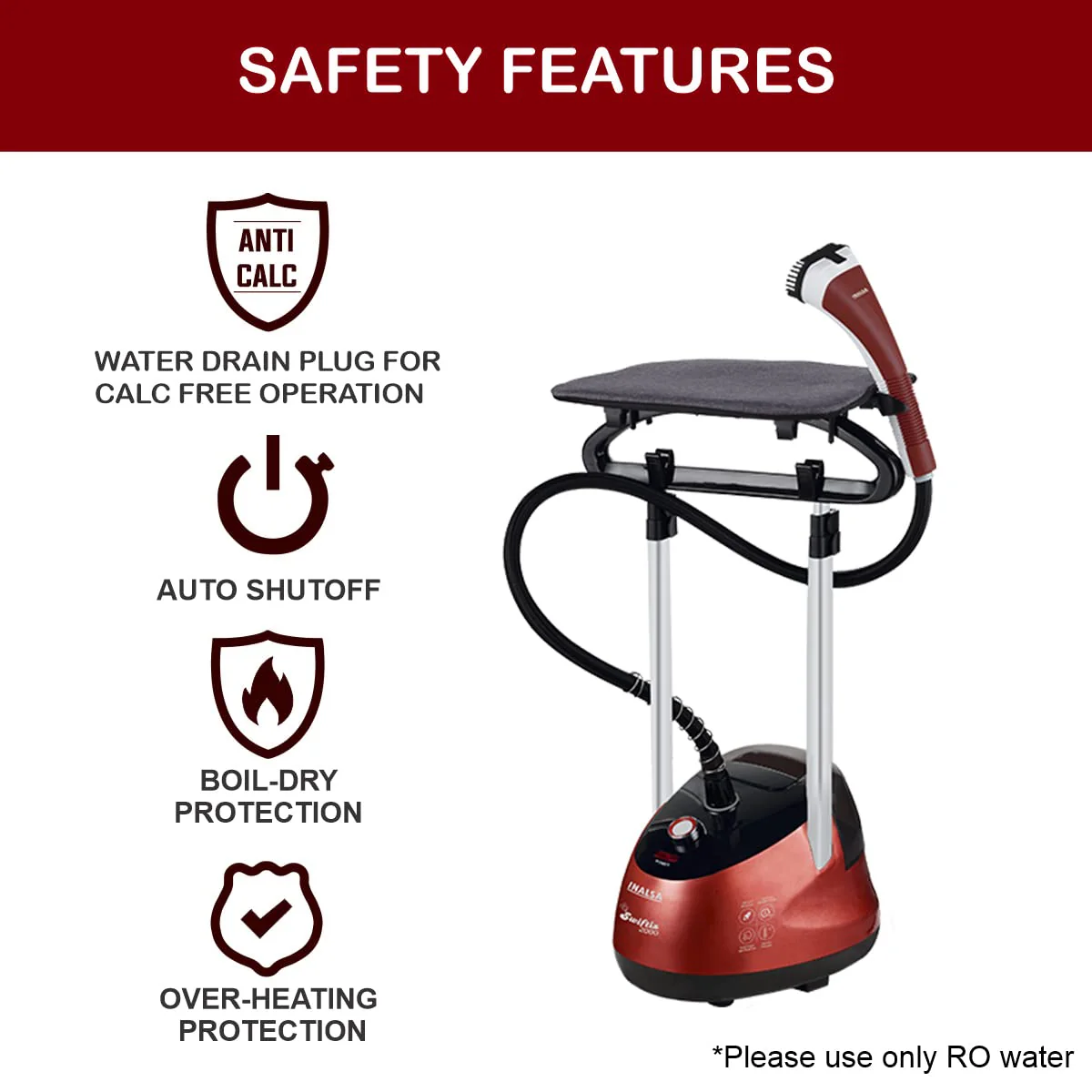 INALSA Standing Garment Steamer 2000 W|Double Pole With 90° & 180° Adjustable Ironing Board |Adjustable Pole Height|2.2 L Water Tank|45 Sec Heat Up Time|32g/min Steam Output |2 Y Warranty,Swiftix 2000 - Image 3