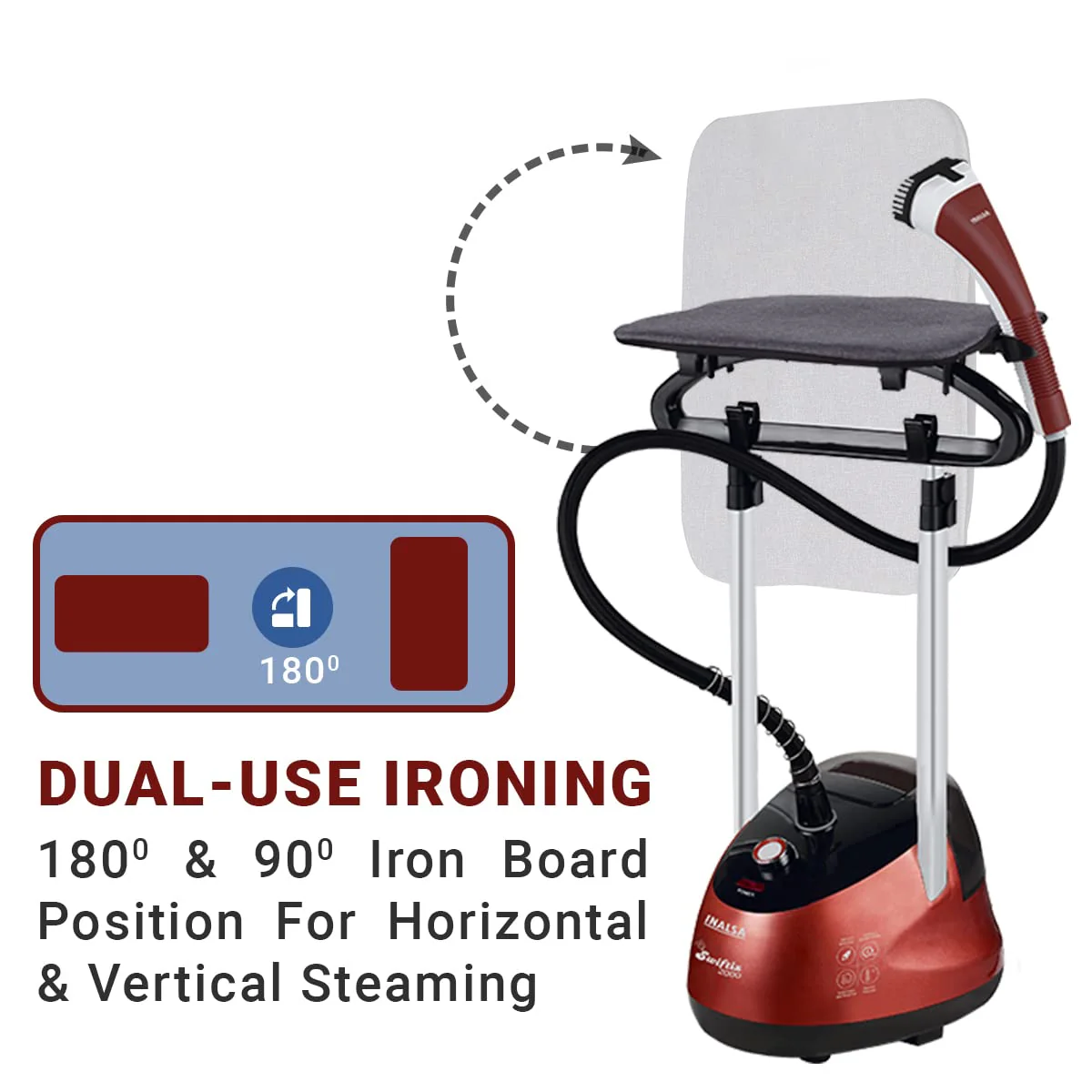 INALSA Standing Garment Steamer 2000 W|Double Pole With 90° & 180° Adjustable Ironing Board |Adjustable Pole Height|2.2 L Water Tank|45 Sec Heat Up Time|32g/min Steam Output |2 Y Warranty,Swiftix 2000 - Image 5