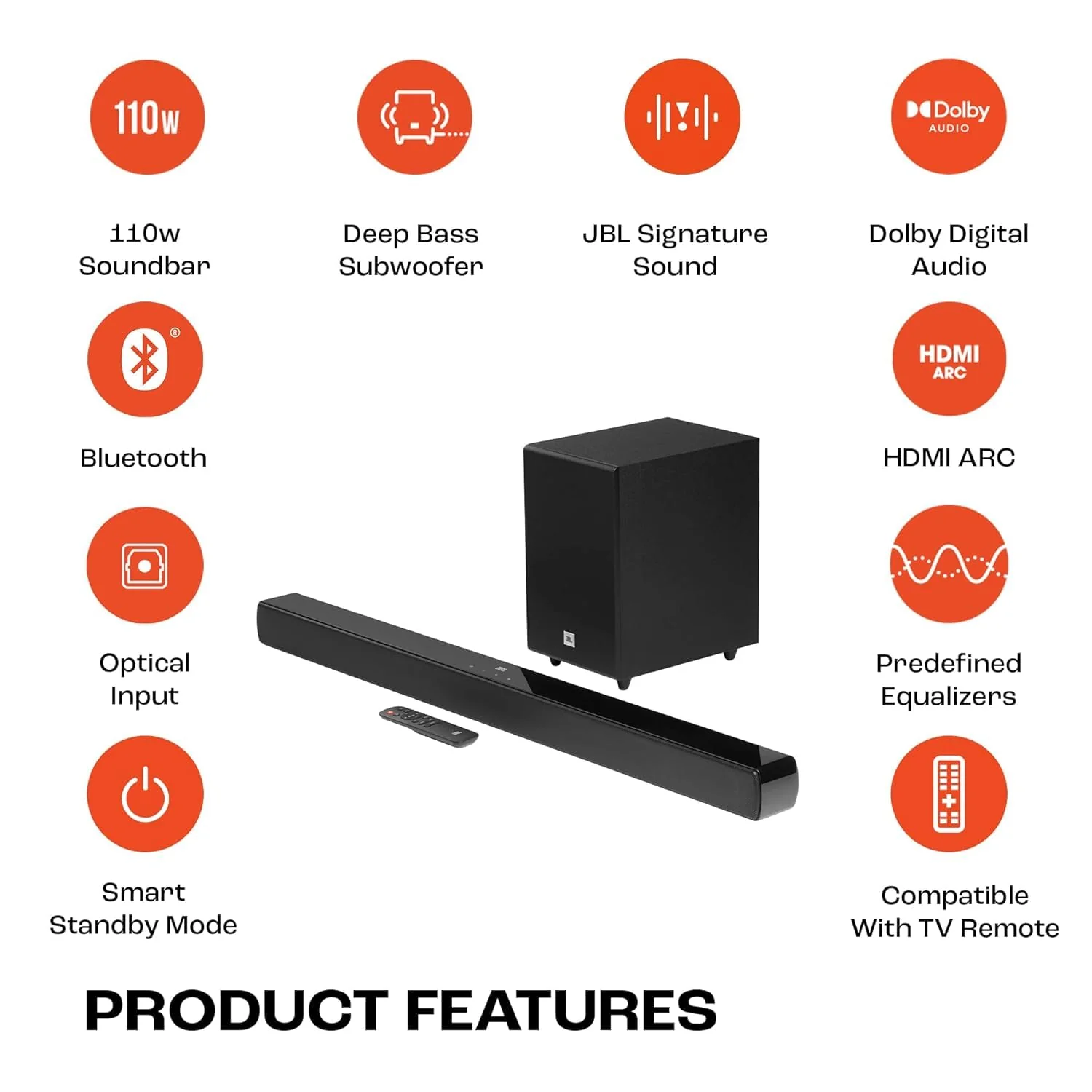 JBL Cinema SB140, Dolby Digital Soundbar with Wired Subwoofer for Extra Deep Bass, 2.1 Channel Home Theatre with Remote, HDMI ARC, Bluetooth & Optical Connectivity (110W) - Image 2