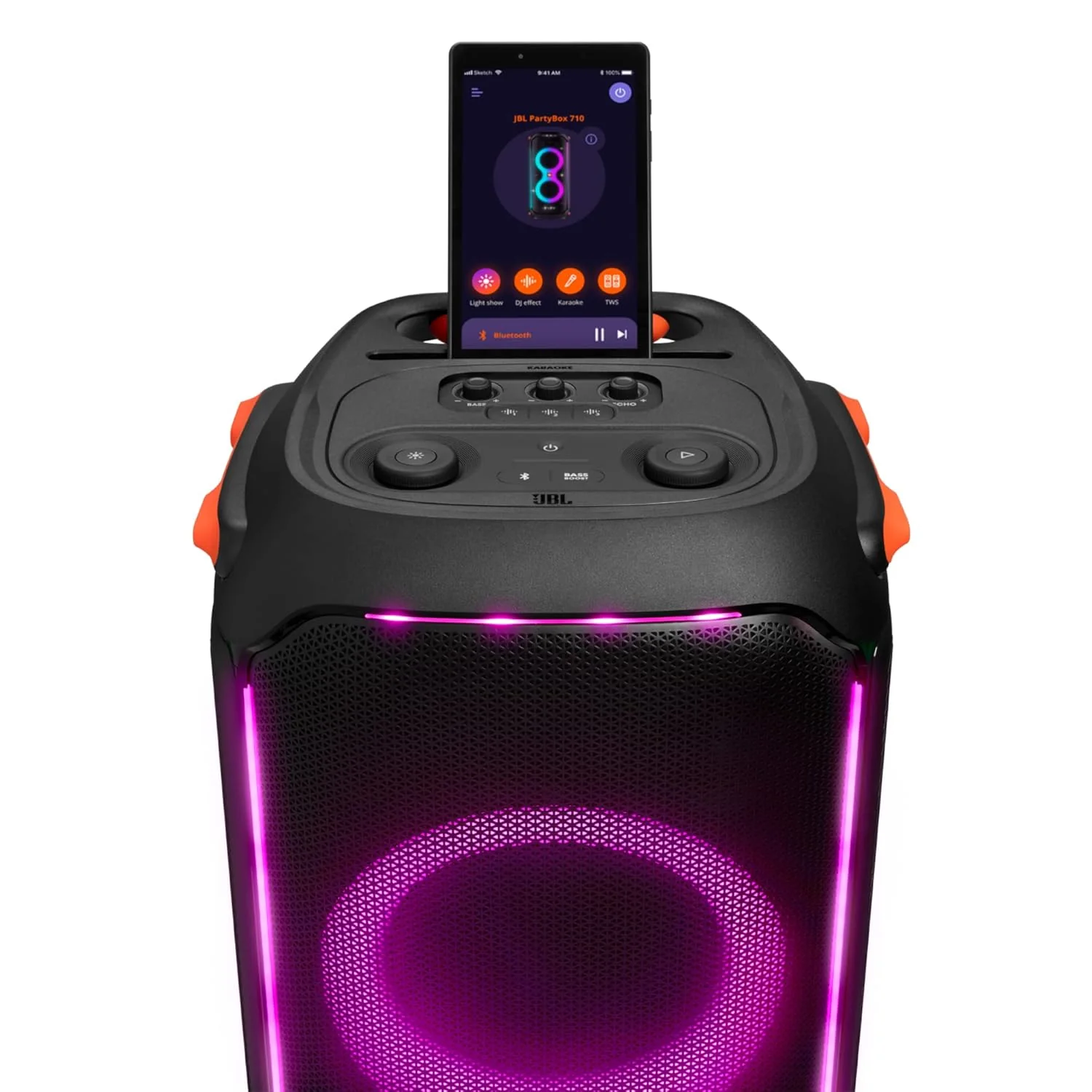 JBL PartyBox 710 Bluetooth Party Speaker with Dynamic Music Synced Flashing Club Pattern Lightshow, Pro Sound, Splashproof, PartyBox App Personalisation,Guitar and Mic Input(800 Watt RMS, Black) - Image 7