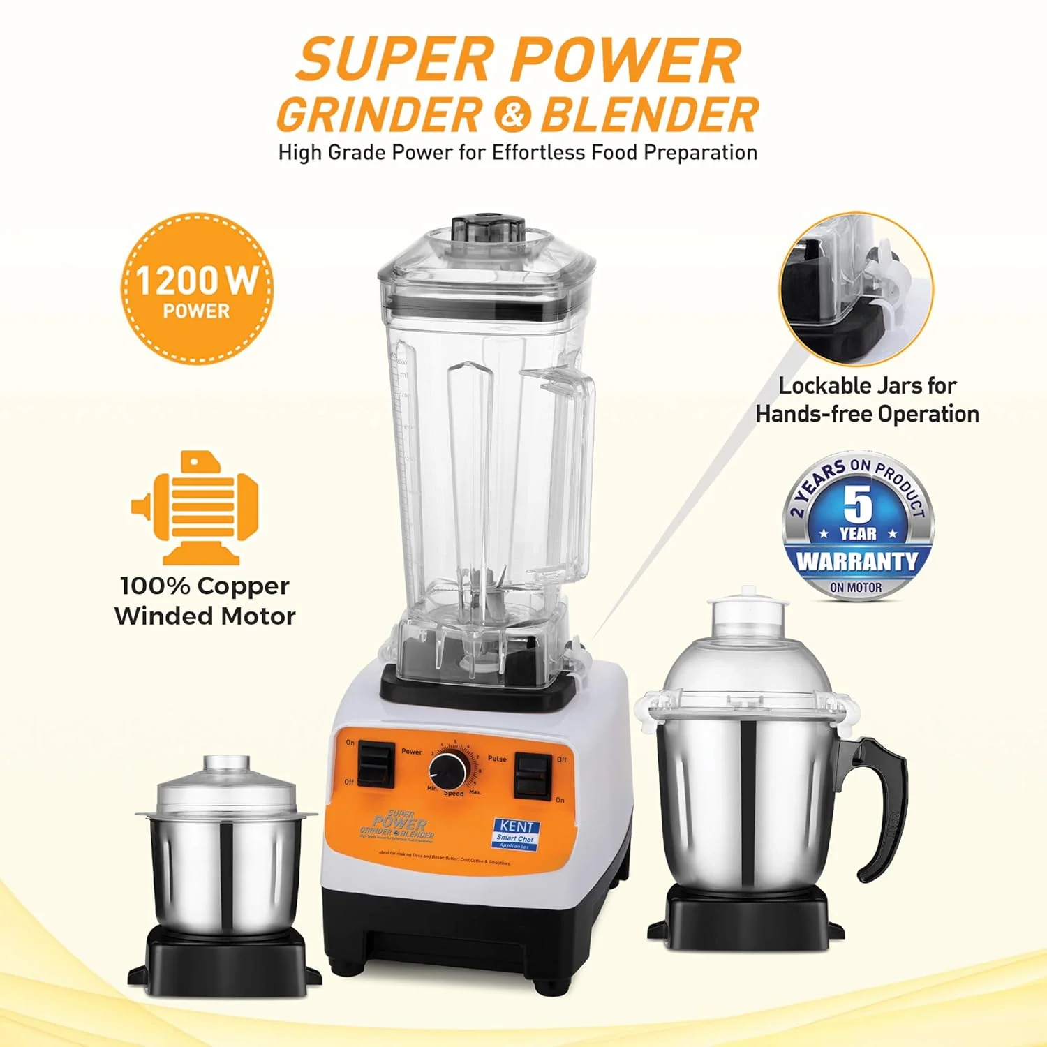 KENT 16083 1200 W Juicer Mixer Grinder  (SUPER POWER GRINDER &amp; BLENDER | 3 Jars | Steel, Clear) - Image 3