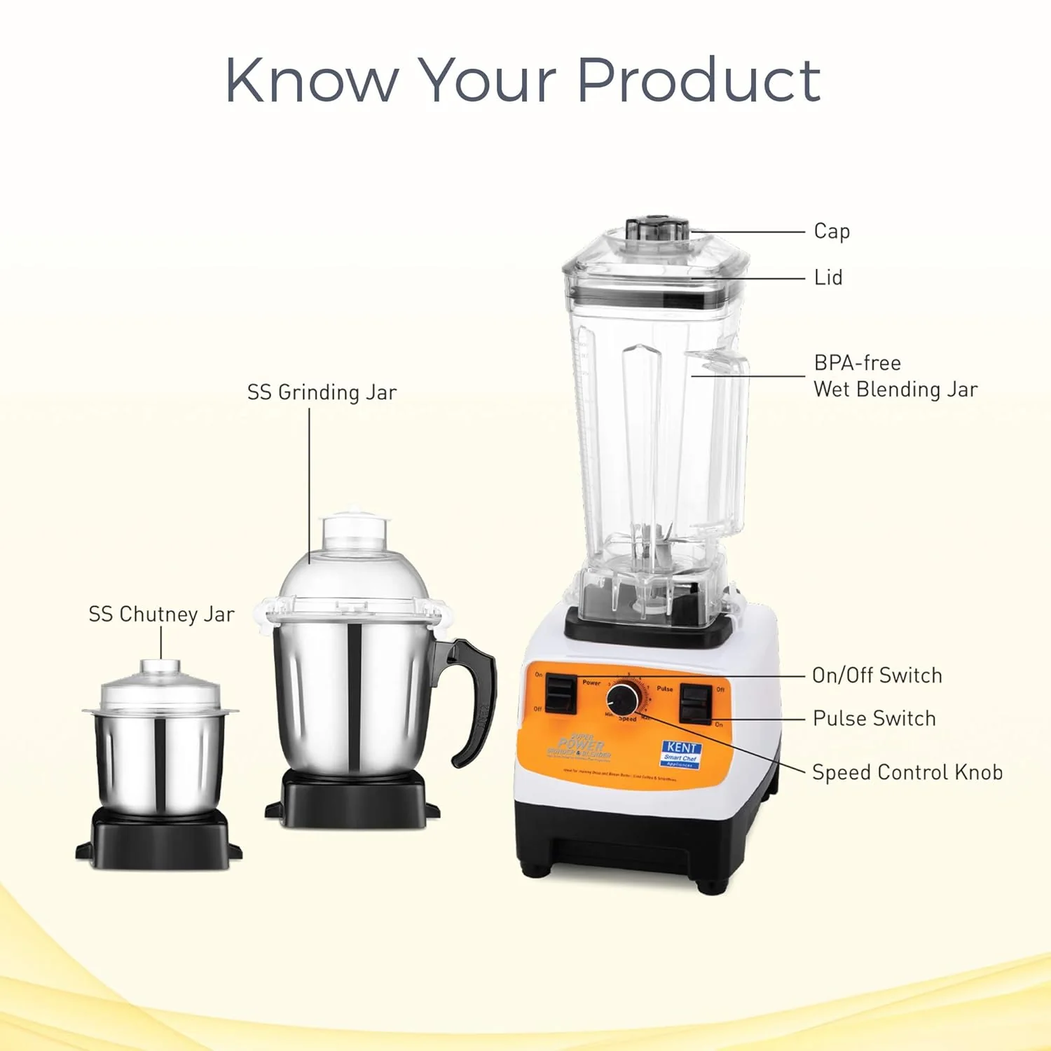 KENT 16083 1200 W Juicer Mixer Grinder  (SUPER POWER GRINDER &amp; BLENDER | 3 Jars | Steel, Clear) - Image 5